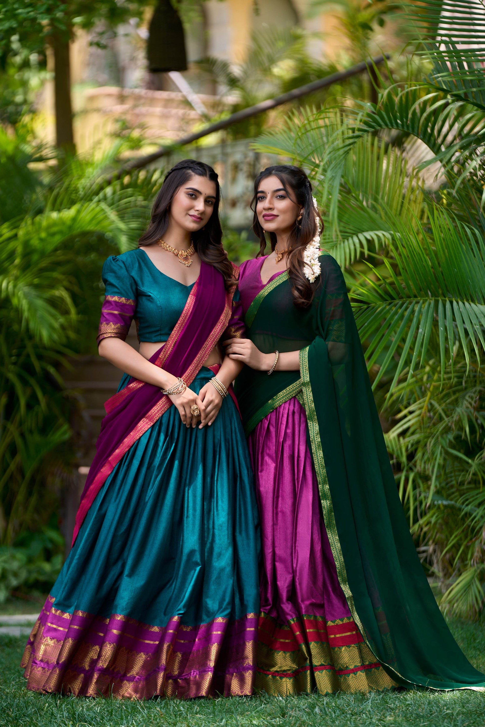 Traditional South Style Poly Cotton Half Saree with Georgette Dupatta – Elegant Wedding & Festival Wear - SEEANS