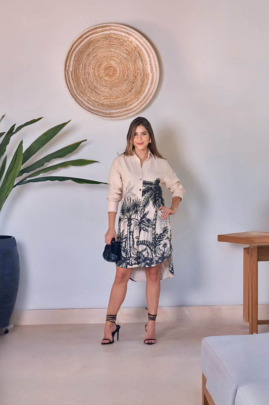Women's Linen Blend Western Mini Dress - Digital Printed - SEEANS