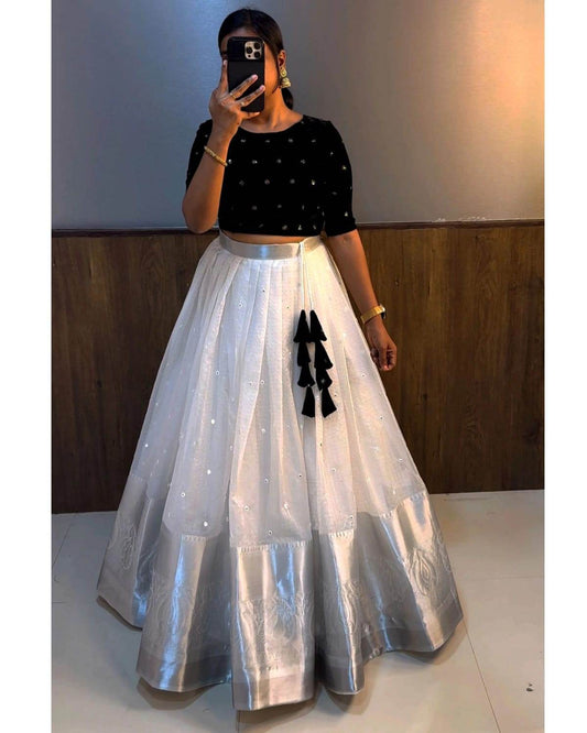 Velvet Designer Lehenga Choli – White and Black | SEEANS - SEEANS