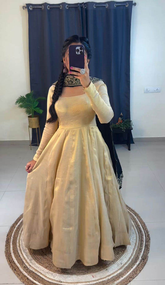 Gold Tissue Silk Gown with Black Embroidery Lace Border - SEEANS
