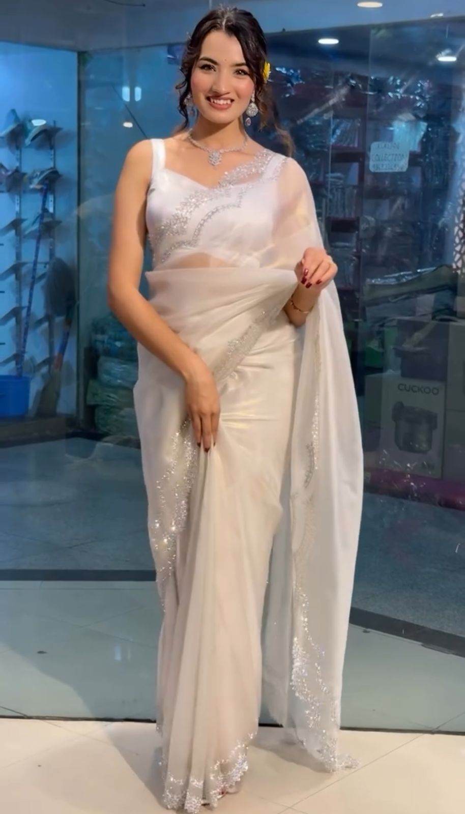 Super Hit Diamond Panel Saree | Rich Tissue Tweel Net Saree with Diamond Cutwork Panel | Special Occasion Wear with Diamond Work Unstitched Blouse - SEEANS
