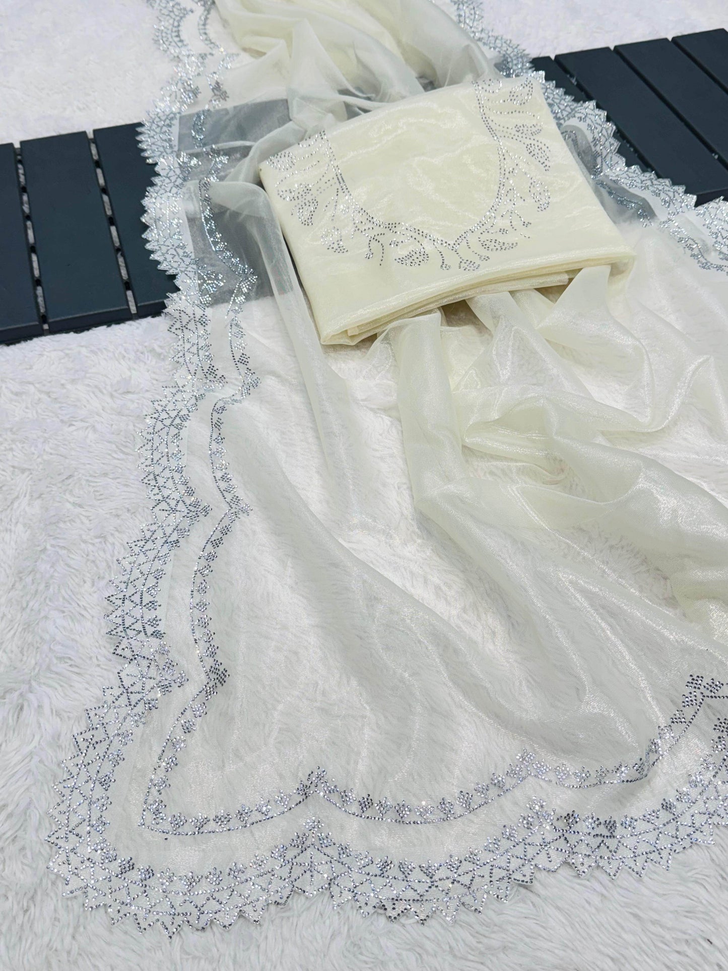 Super Hit Diamond Panel Saree | Rich Tissue Tweel Net Saree with Diamond Cutwork Panel | Special Occasion Wear with Diamond Work Unstitched Blouse - SEEANS