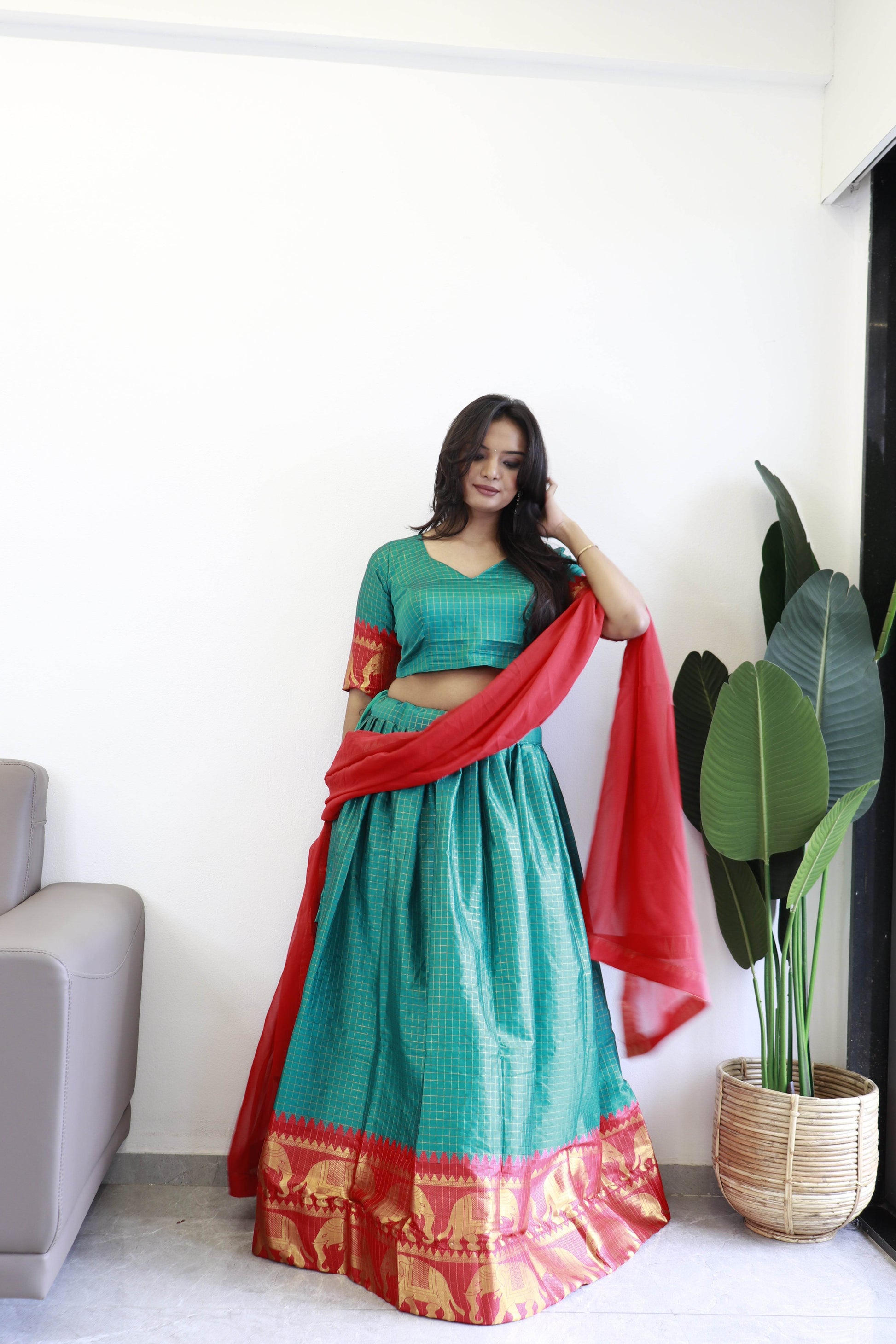 SEEANS Green Silk Lehenga Choli with Georgette Dupatta - SEEANS