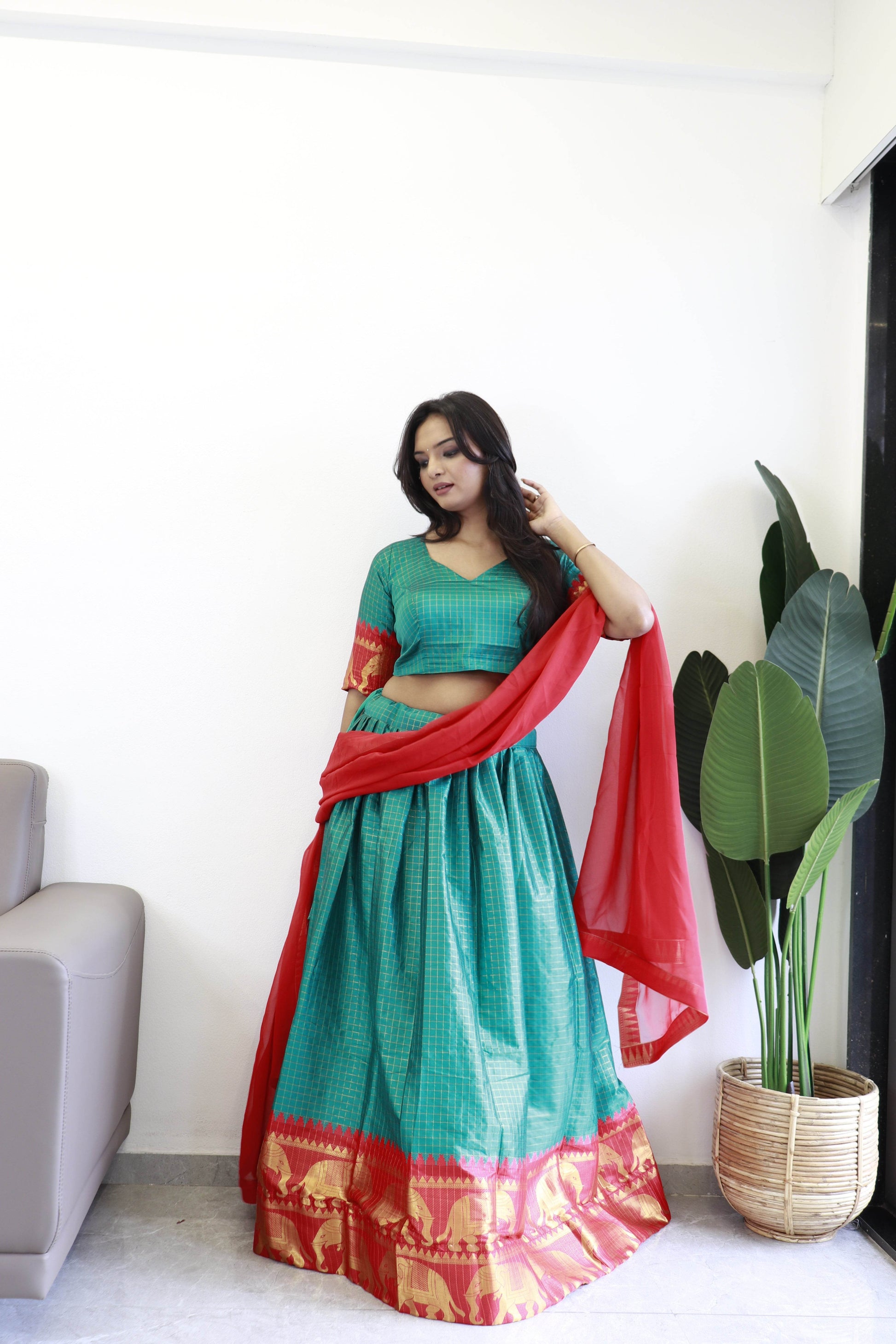 SEEANS Green Silk Lehenga Choli with Georgette Dupatta - SEEANS