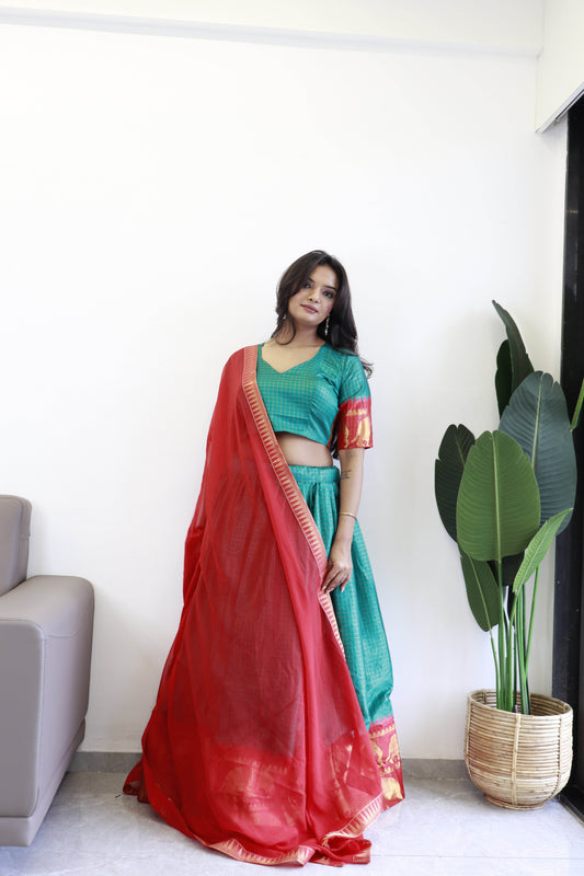 SEEANS Green Silk Lehenga Choli with Georgette Dupatta - SEEANS
