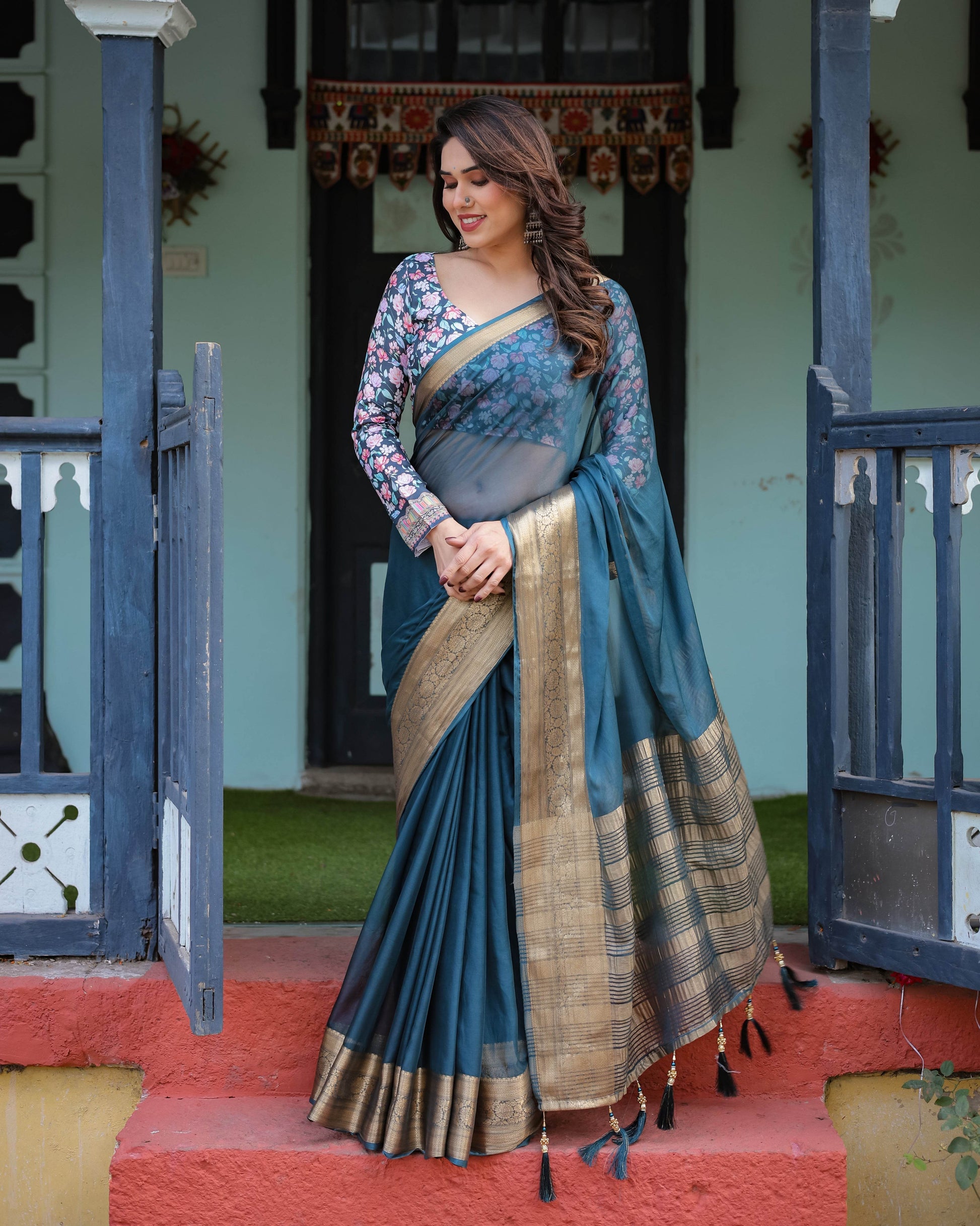 Teal Blue Plain Chiffon Saree with Gold Zari Border, Floral Printed Blouse & Tassel Detailing - SEEANS