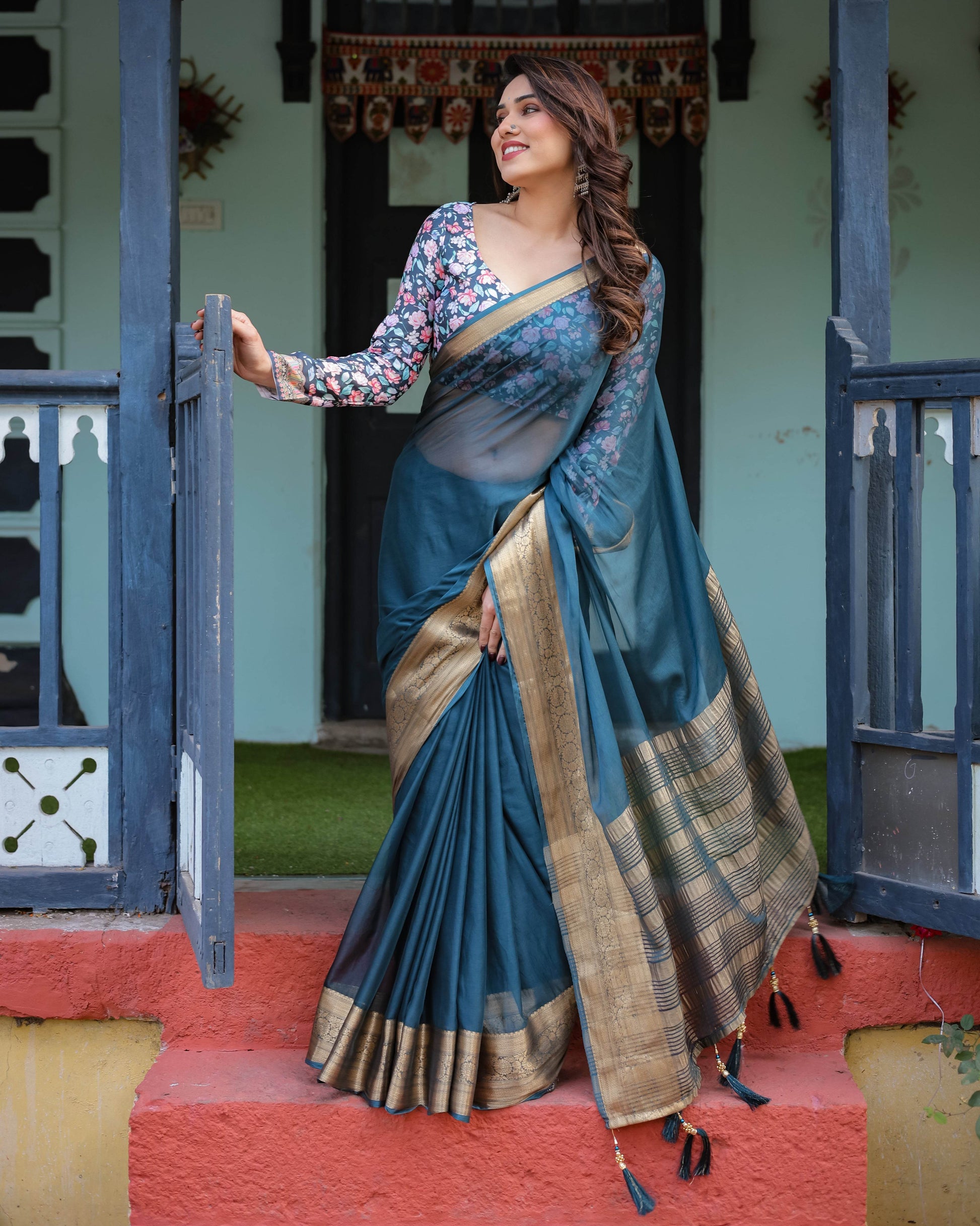 Teal Blue Plain Chiffon Saree with Gold Zari Border, Floral Printed Blouse & Tassel Detailing - SEEANS
