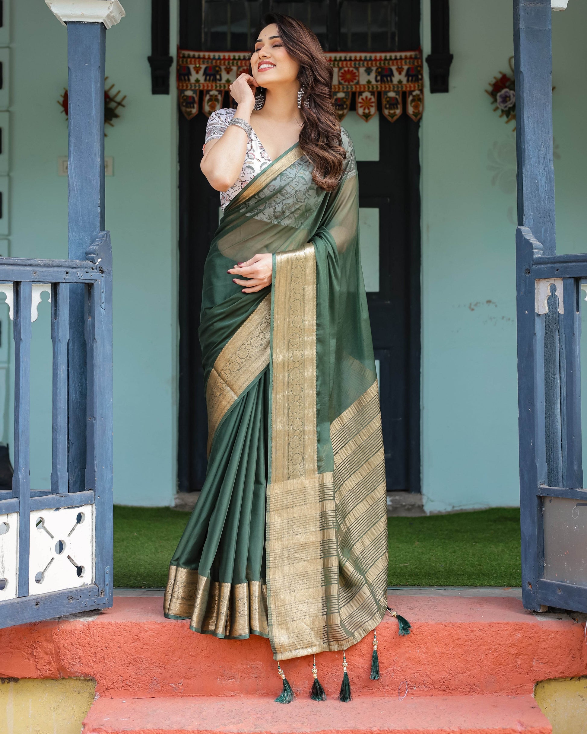 Elegant Bottle Green Plain Chiffon Saree with Gold Zari Border, Floral Printed Blouse & Tassel Finishing - SEEANS