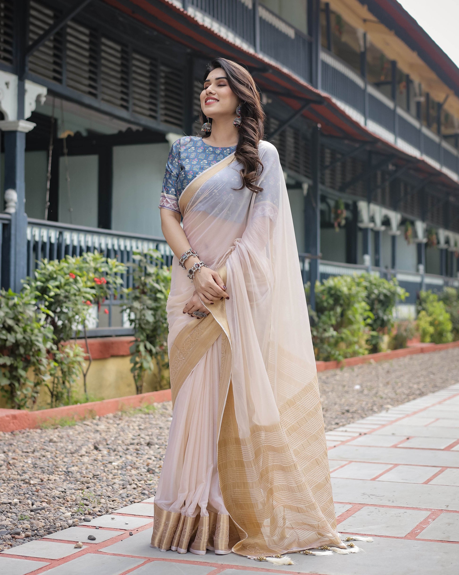 Ivory White Plain Chiffon Saree with Gold Zari Border, Floral Printed Blouse & Tassel Detailing - SEEANS