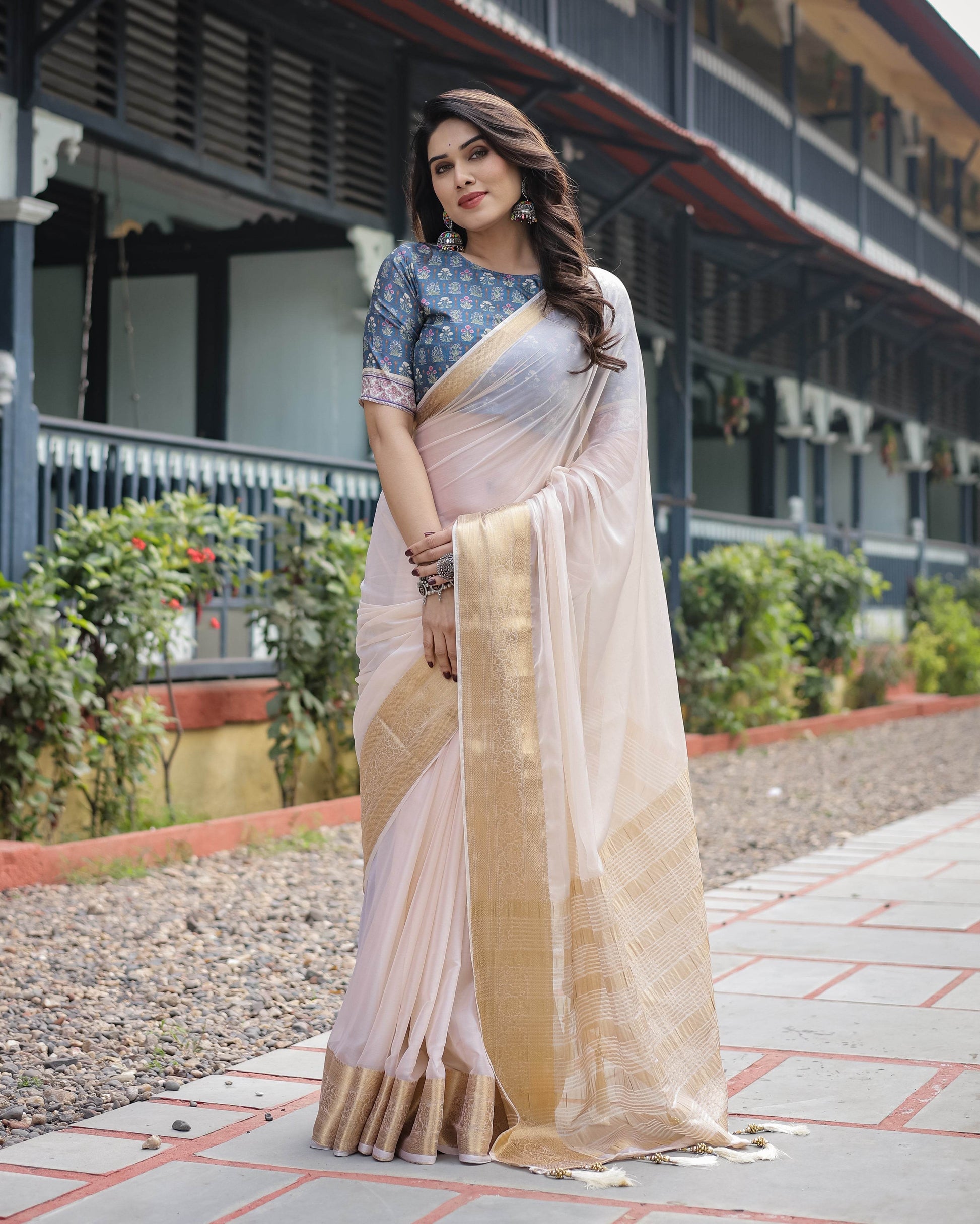 Ivory White Plain Chiffon Saree with Gold Zari Border, Floral Printed Blouse & Tassel Detailing - SEEANS