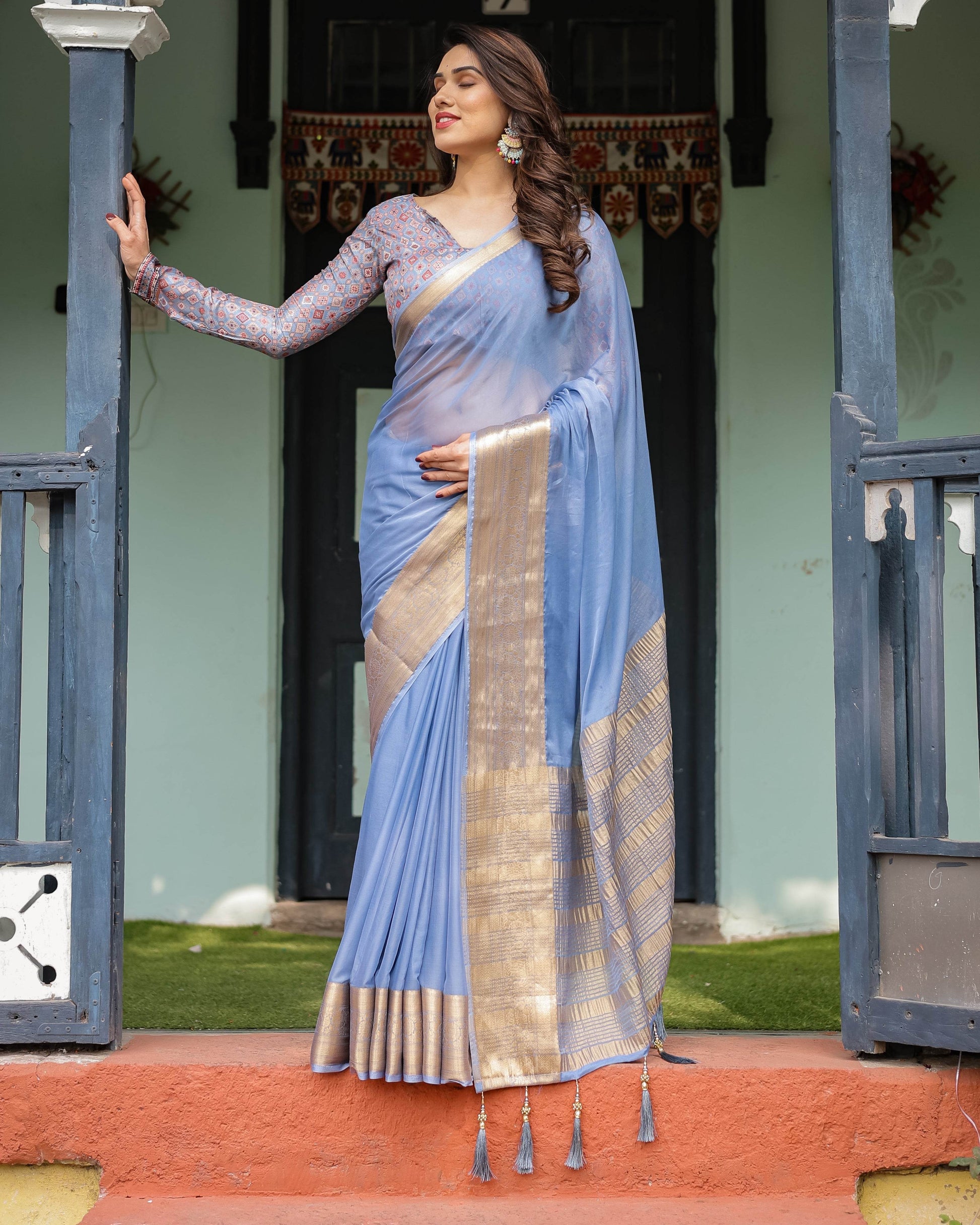 Sky Blue Plain Chiffon Saree with Gold Zari Border, Geometric Printed Blouse & Tassel Detailing - SEEANS