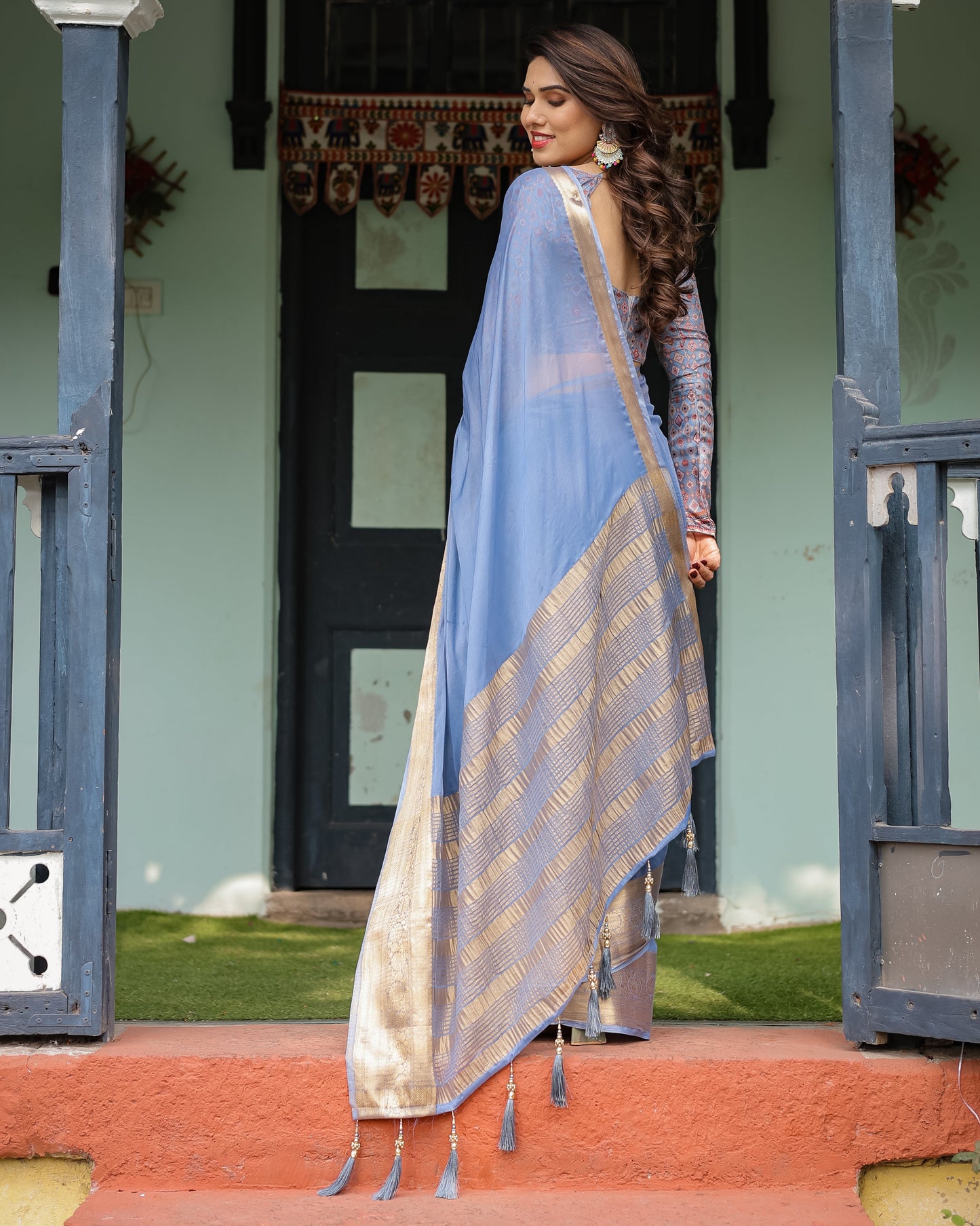 Sky Blue Plain Chiffon Saree with Gold Zari Border, Geometric Printed Blouse & Tassel Detailing - SEEANS