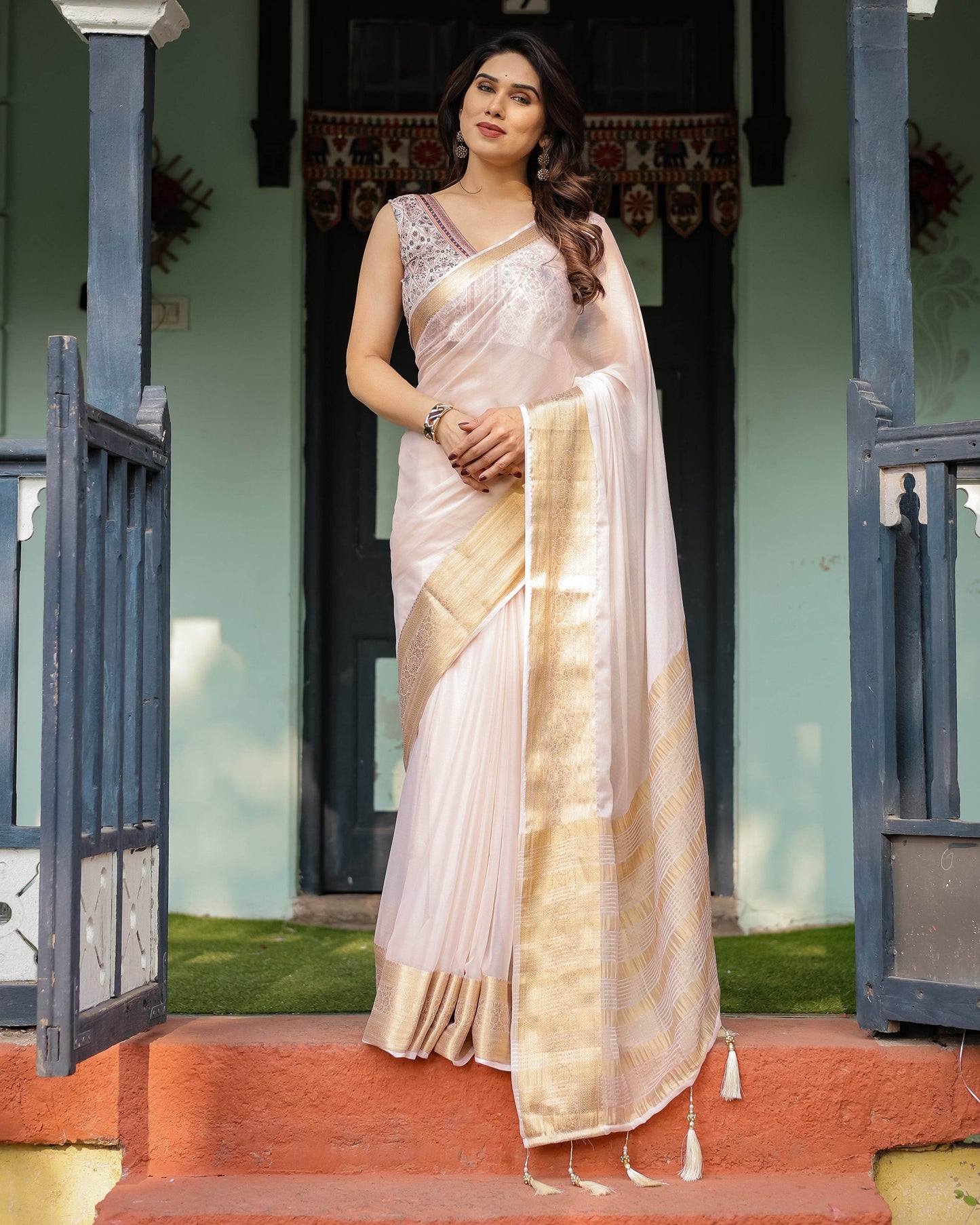 Ethereal Off-White Plain Chiffon Saree with Gold Zari Border, Intricate Floral Printed Blouse & Tassel Detailing - SEEANS