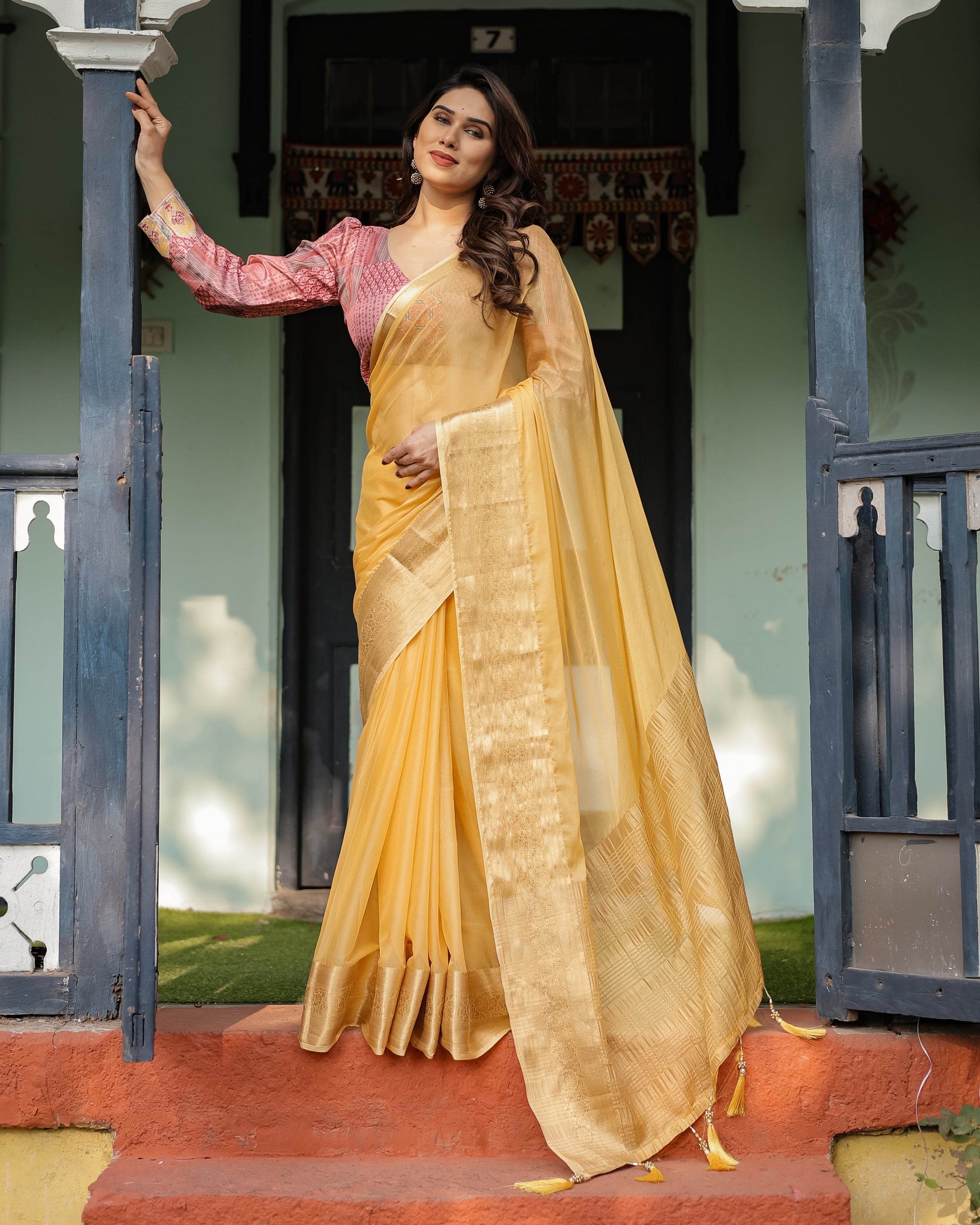 Radiant Mustard Yellow Plain Chiffon Saree with Gold Zari Border, Printed Designer Blouse & Tassel Detailing - SEEANS
