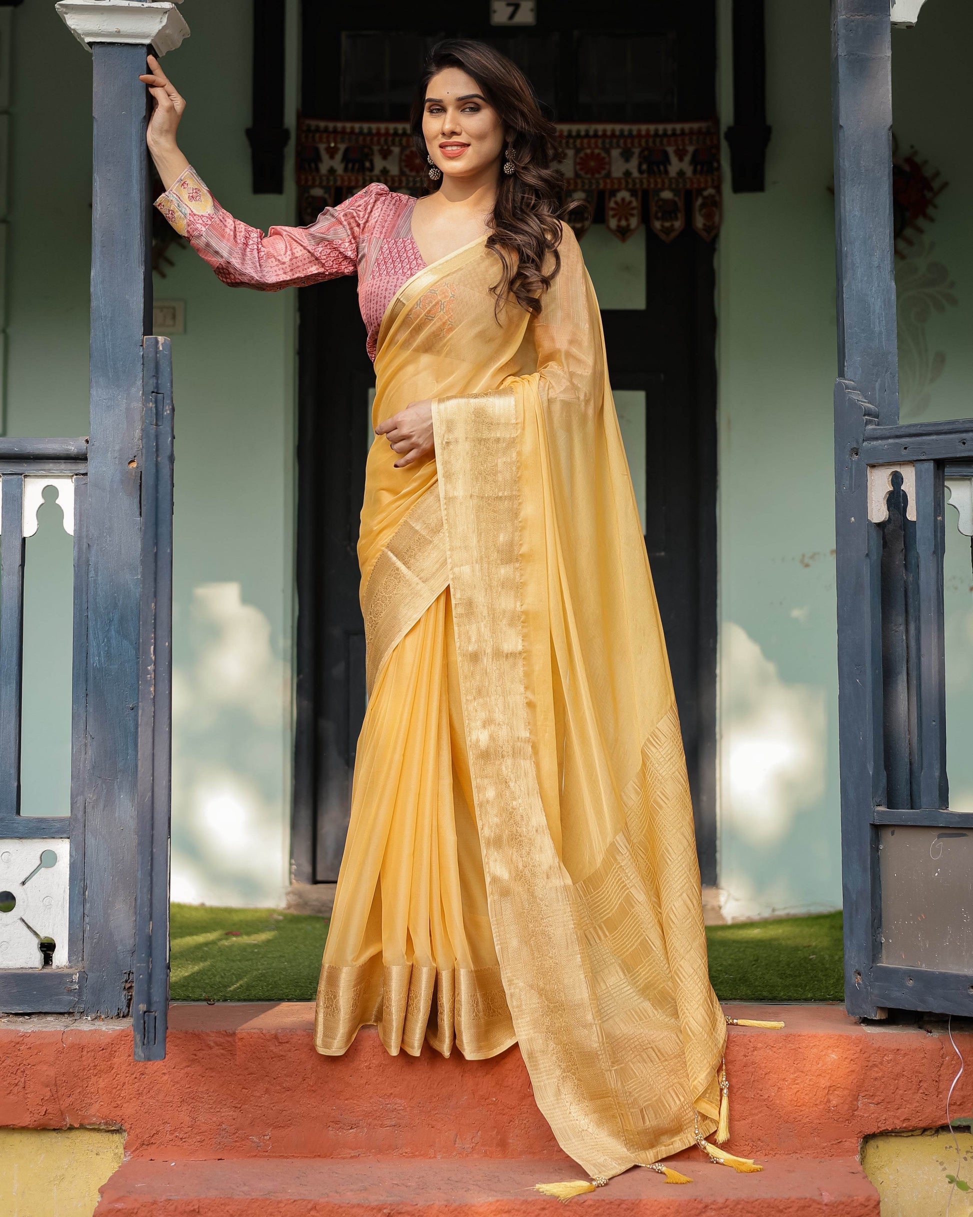 Radiant Mustard Yellow Plain Chiffon Saree with Gold Zari Border, Printed Designer Blouse & Tassel Detailing - SEEANS