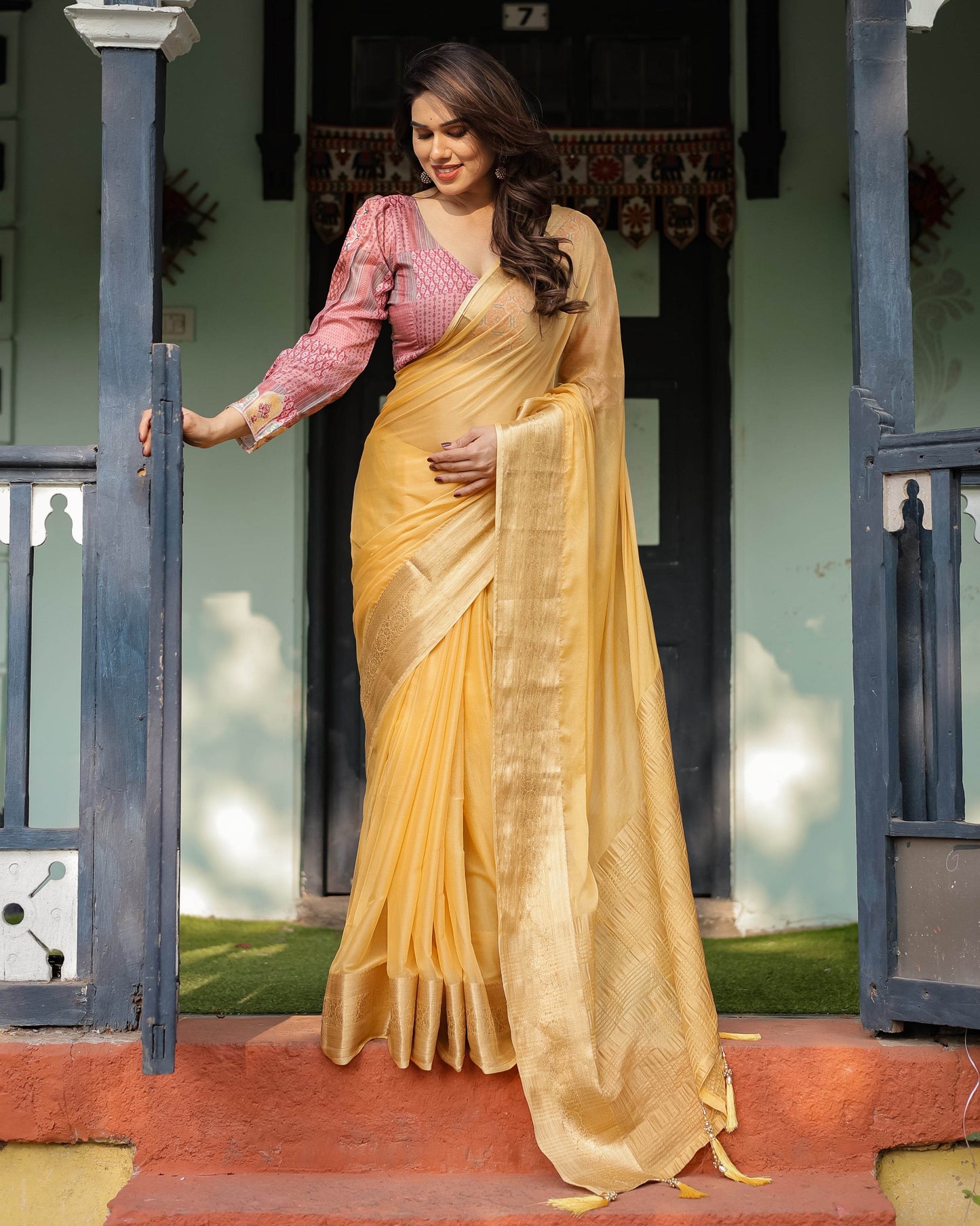 Radiant Mustard Yellow Plain Chiffon Saree with Gold Zari Border, Printed Designer Blouse & Tassel Detailing - SEEANS
