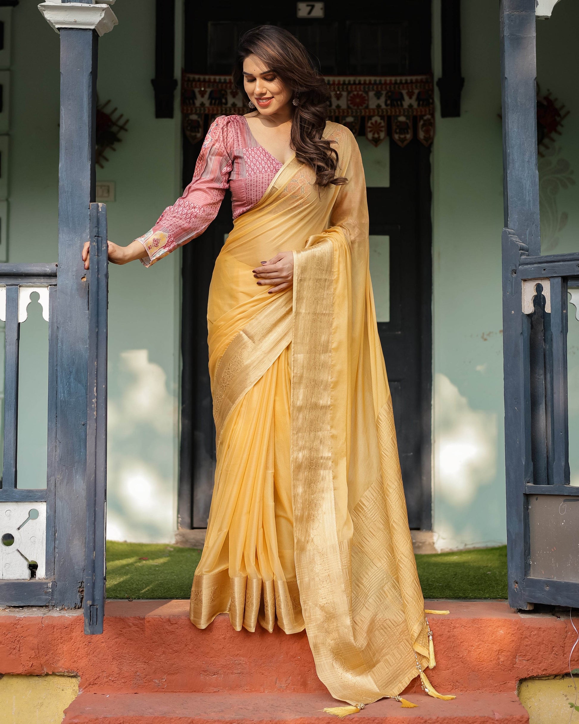 Radiant Mustard Yellow Plain Chiffon Saree with Gold Zari Border, Printed Designer Blouse & Tassel Detailing - SEEANS