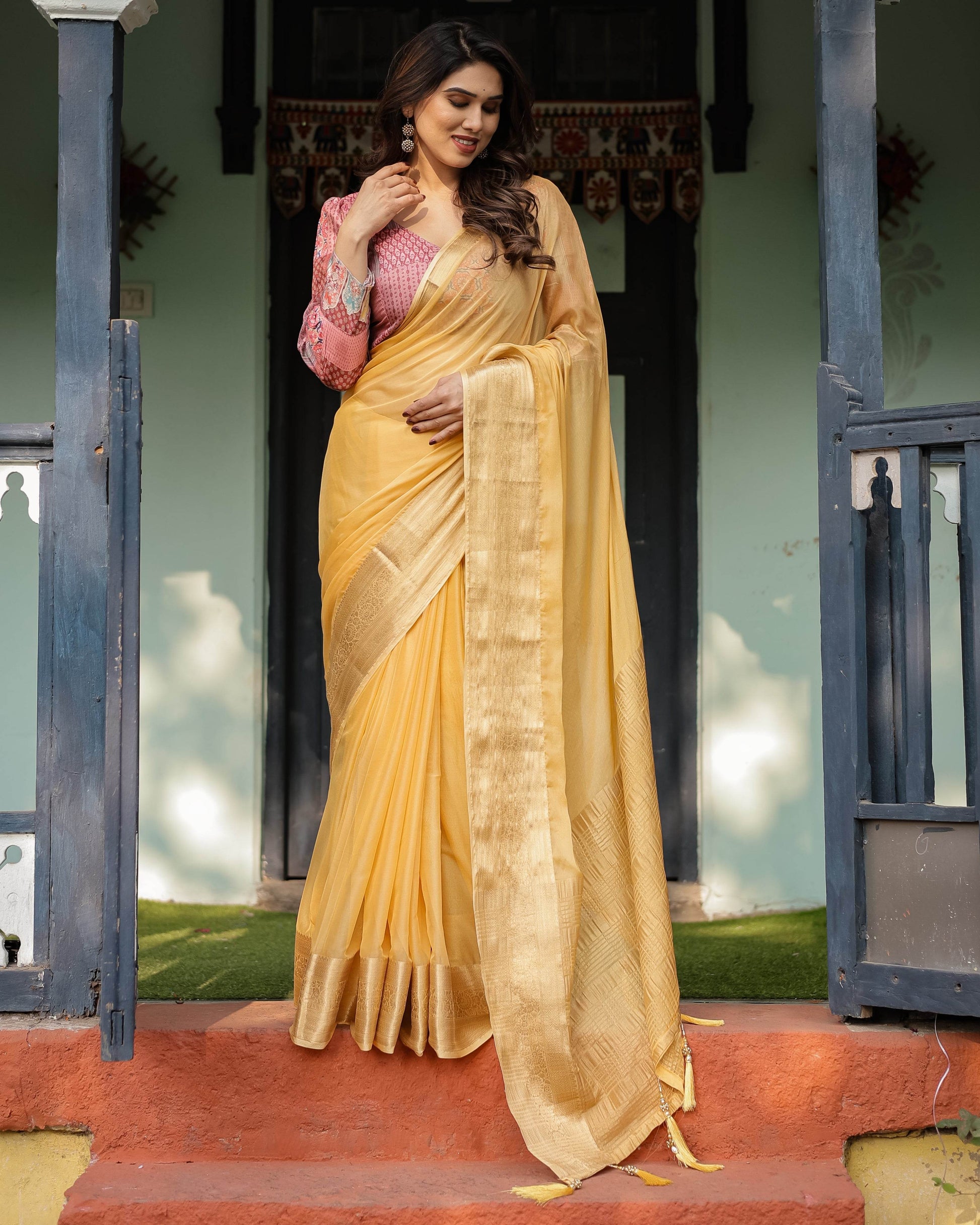 Radiant Mustard Yellow Plain Chiffon Saree with Gold Zari Border, Printed Designer Blouse & Tassel Detailing - SEEANS