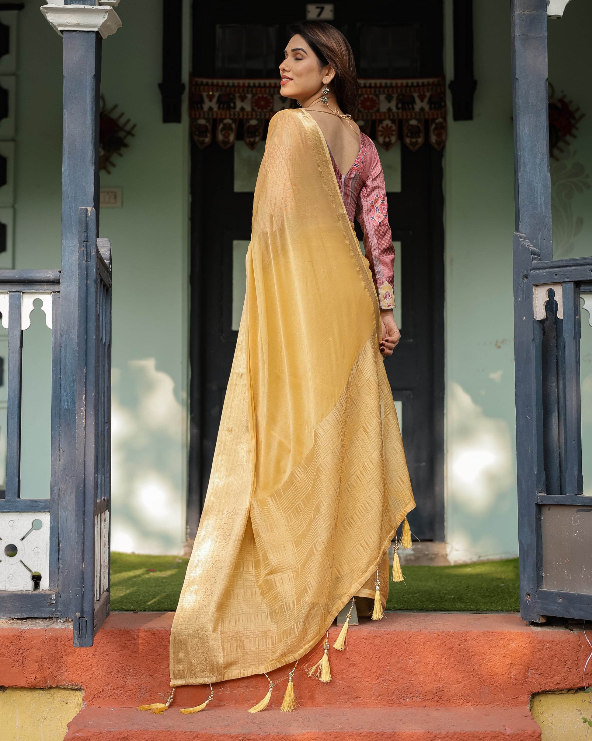 Radiant Mustard Yellow Plain Chiffon Saree with Gold Zari Border, Printed Designer Blouse & Tassel Detailing - SEEANS
