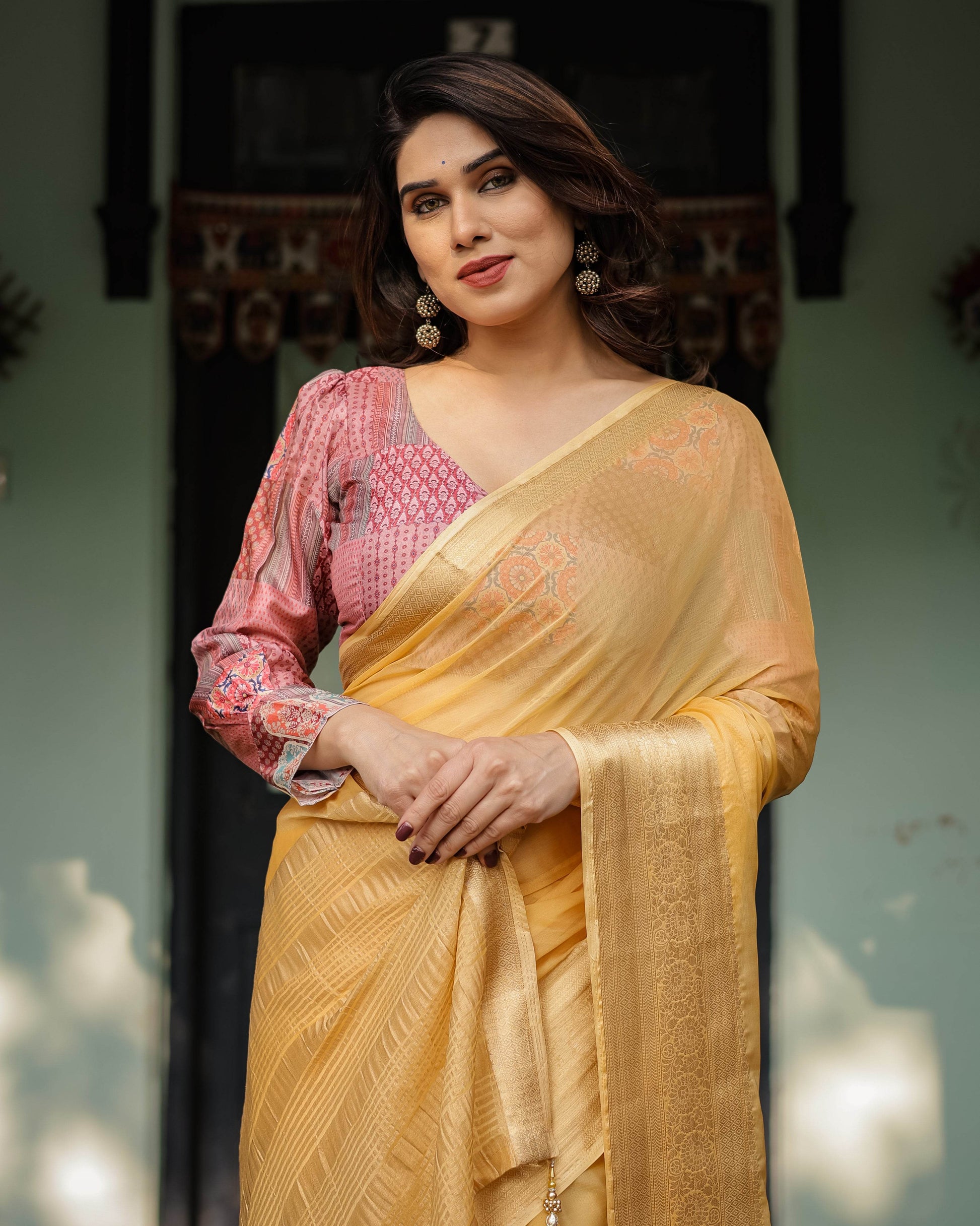 Radiant Mustard Yellow Plain Chiffon Saree with Gold Zari Border, Printed Designer Blouse & Tassel Detailing - SEEANS