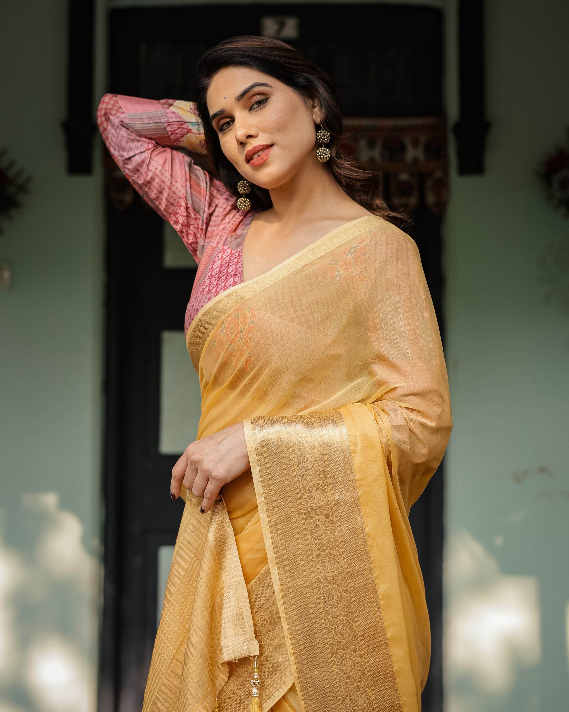Radiant Mustard Yellow Plain Chiffon Saree with Gold Zari Border, Printed Designer Blouse & Tassel Detailing - SEEANS