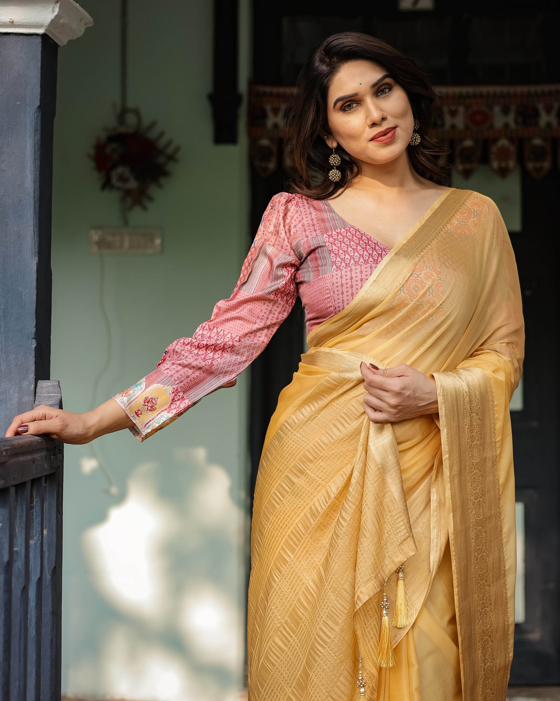 Radiant Mustard Yellow Plain Chiffon Saree with Gold Zari Border, Printed Designer Blouse & Tassel Detailing - SEEANS