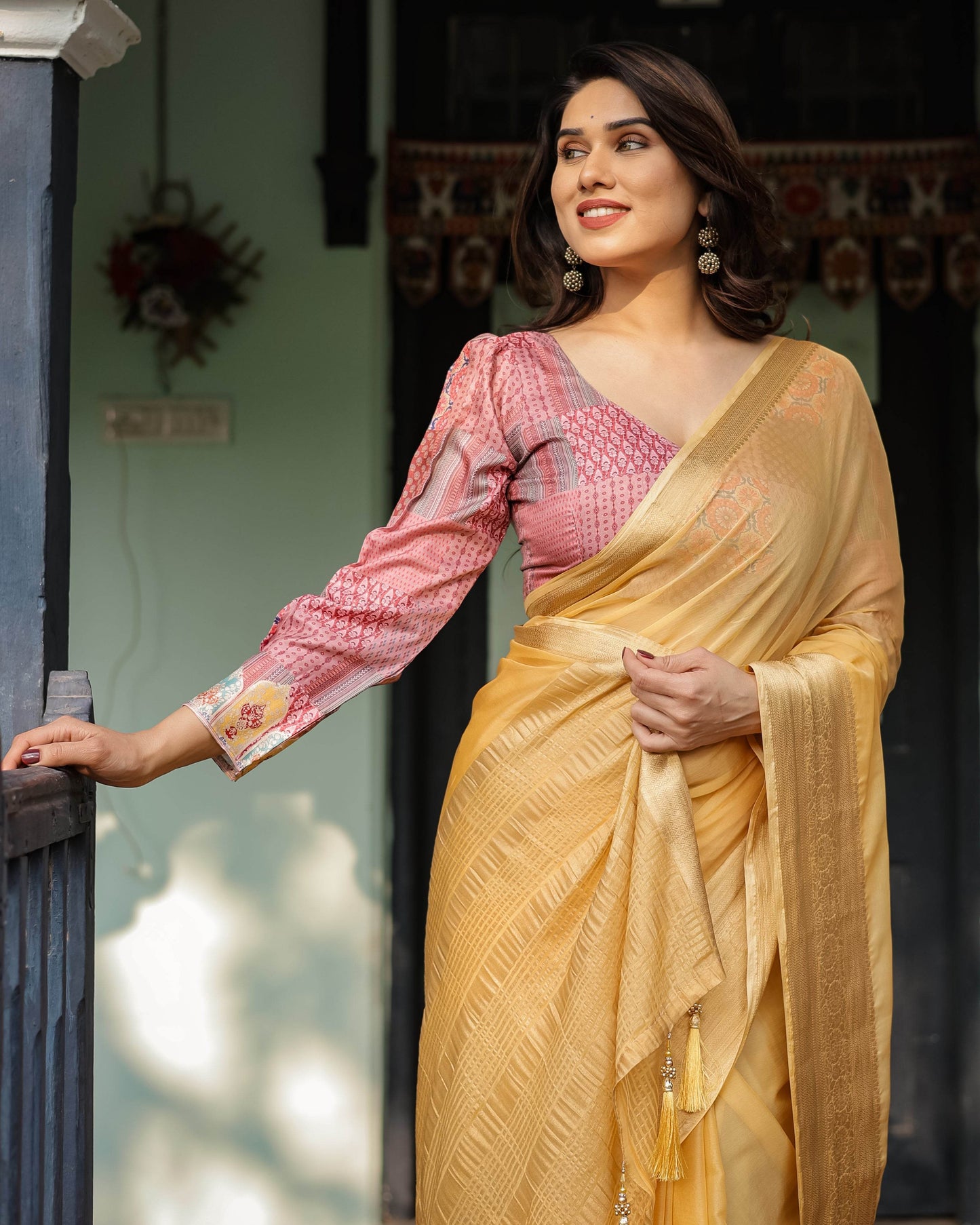 Radiant Mustard Yellow Plain Chiffon Saree with Gold Zari Border, Printed Designer Blouse & Tassel Detailing - SEEANS