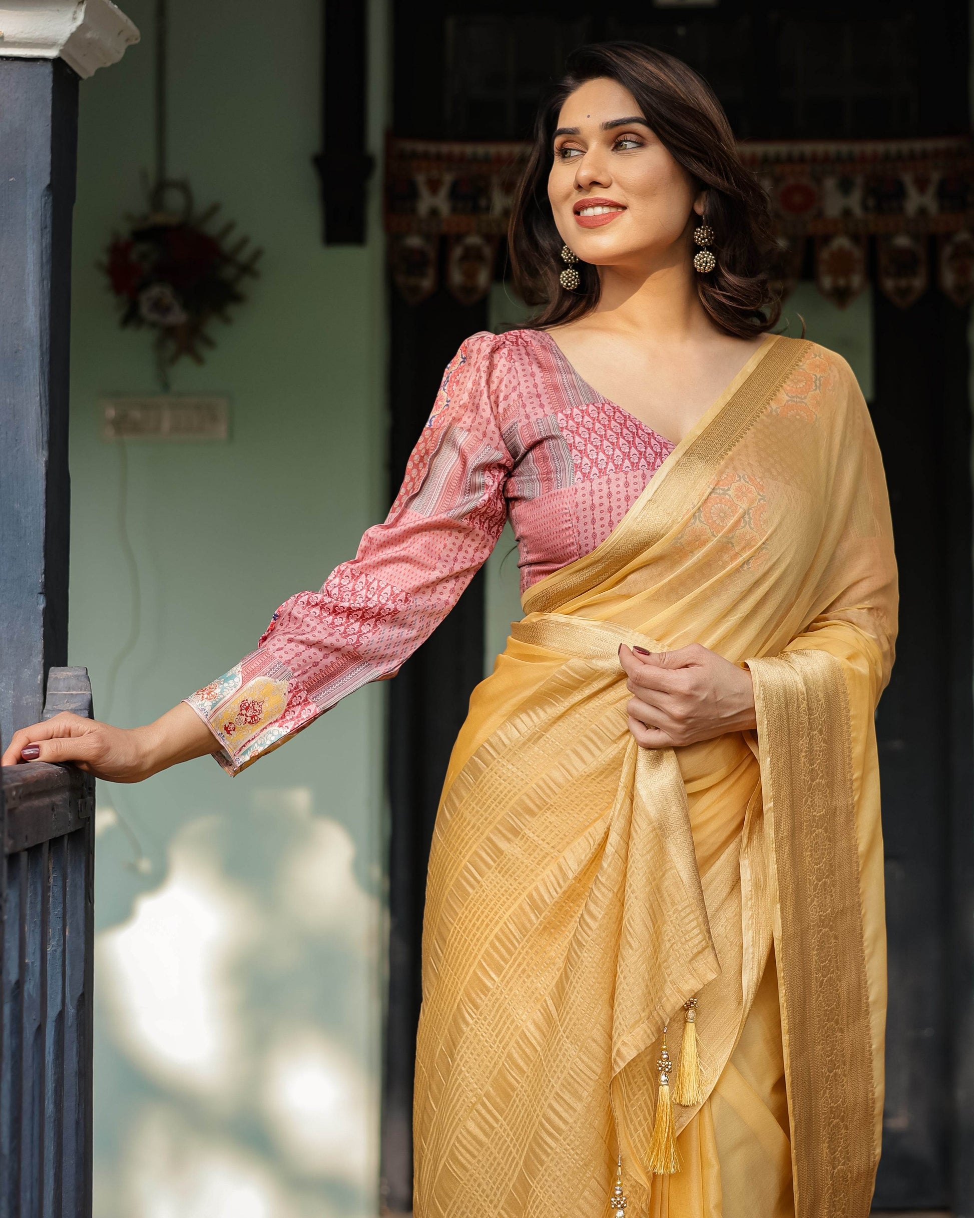 Radiant Mustard Yellow Plain Chiffon Saree with Gold Zari Border, Printed Designer Blouse & Tassel Detailing - SEEANS