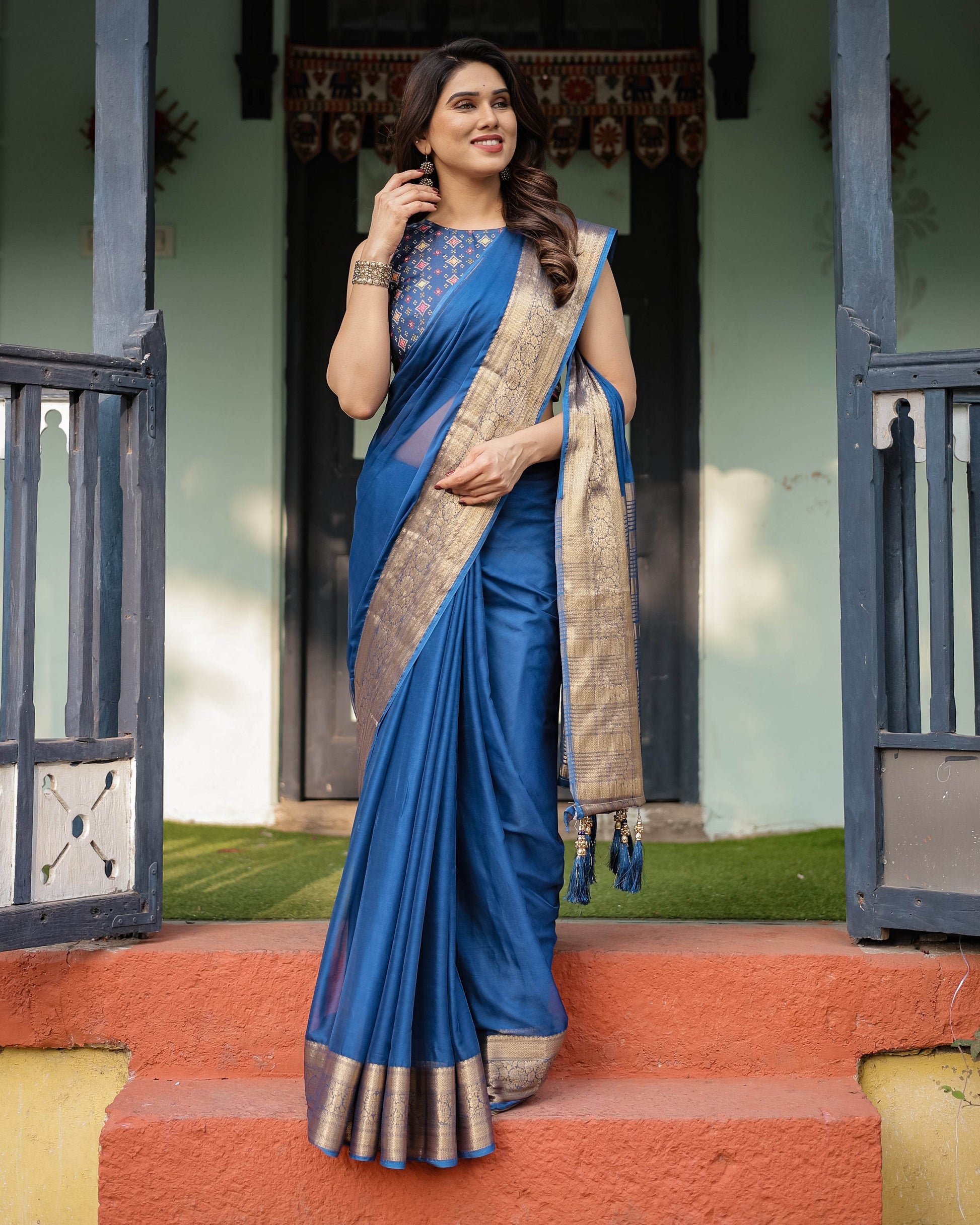 Royal Blue Plain Chiffon Saree with Gold Zari Border, Geometric Printed Blouse & Tassel Detailing - SEEANS