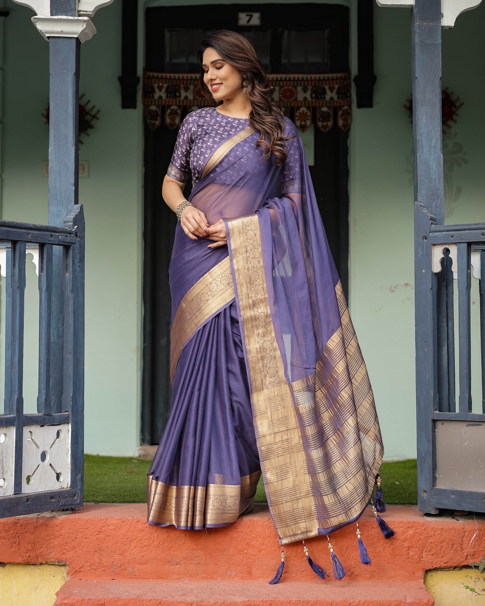 Deep Violet Plain Chiffon Saree with Gold Zari Border, Floral Printed Blouse & Tassel Detailing - SEEANS