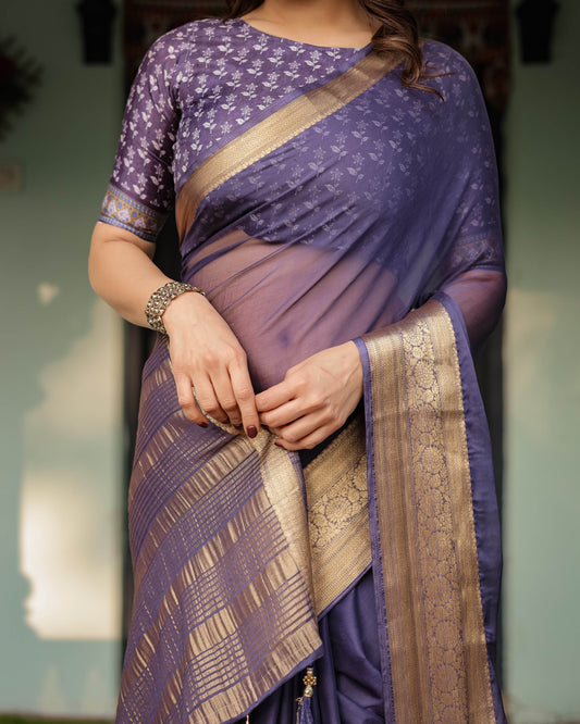 Deep Violet Plain Chiffon Saree with Gold Zari Border, Floral Printed Blouse & Tassel Detailing - SEEANS