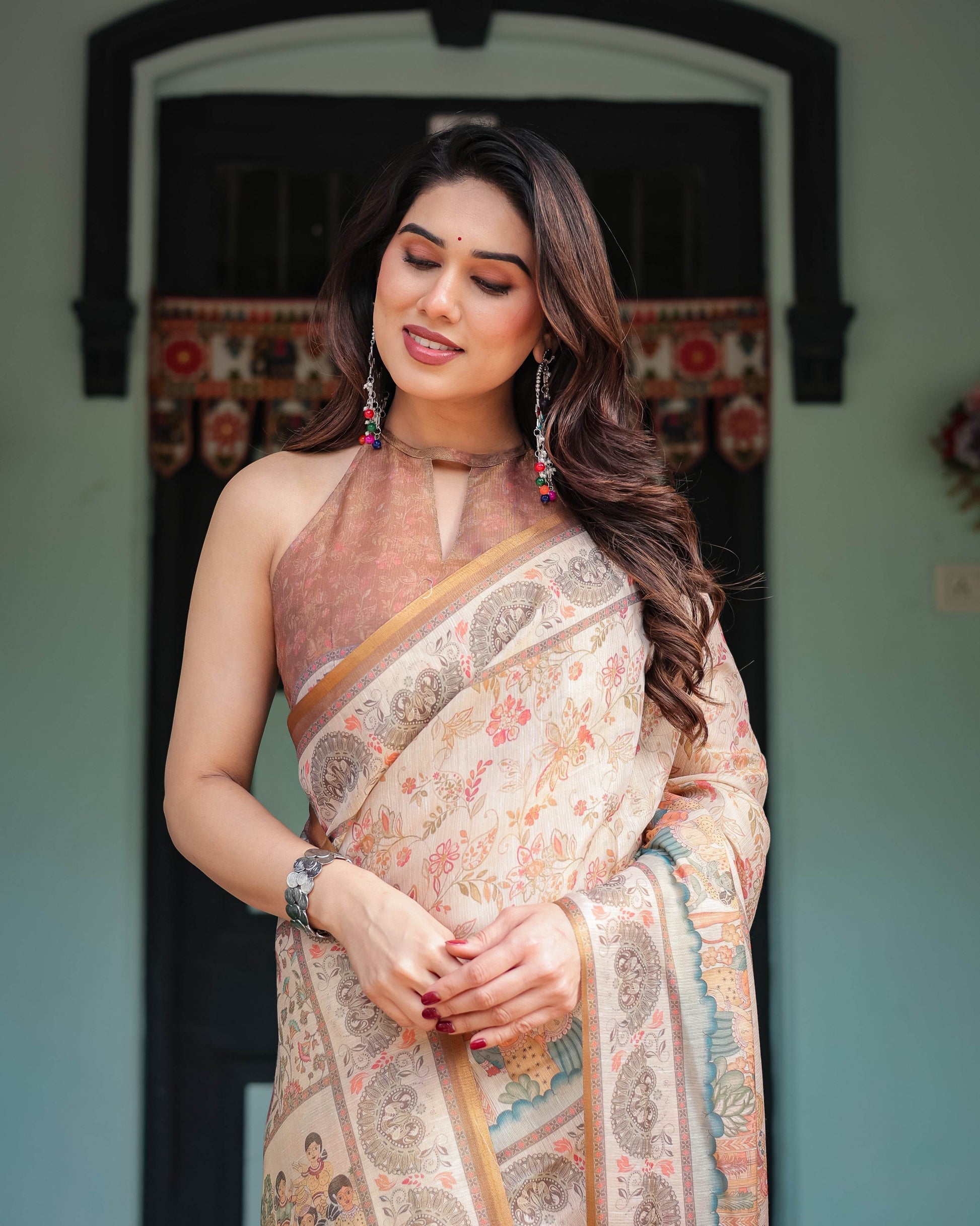 Ivory with Floral Prints Linen Cotton Handloom Printed Saree, Festive Procession Pallu, and Tassels - SEEANS