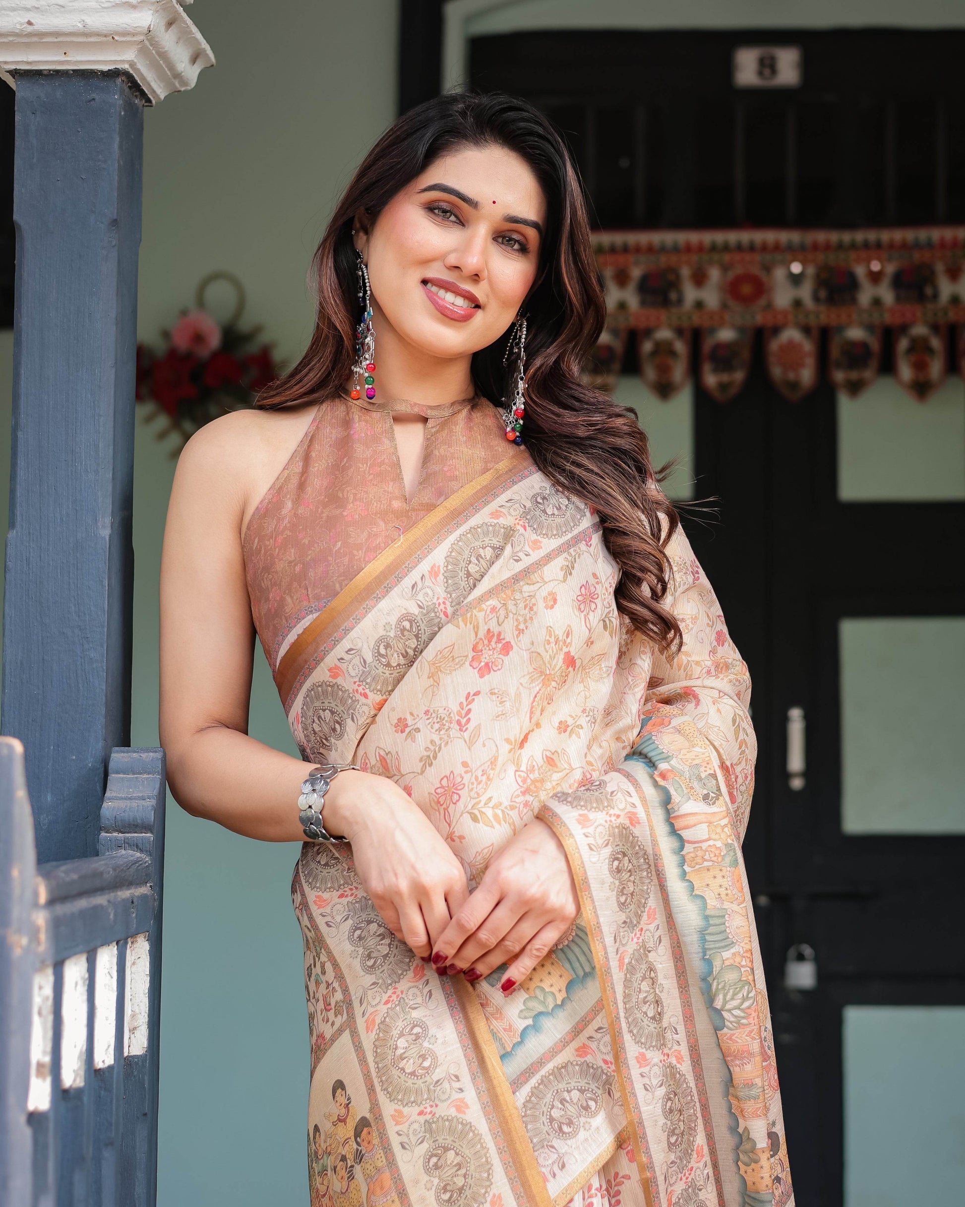Ivory with Floral Prints Linen Cotton Handloom Printed Saree, Festive Procession Pallu, and Tassels - SEEANS