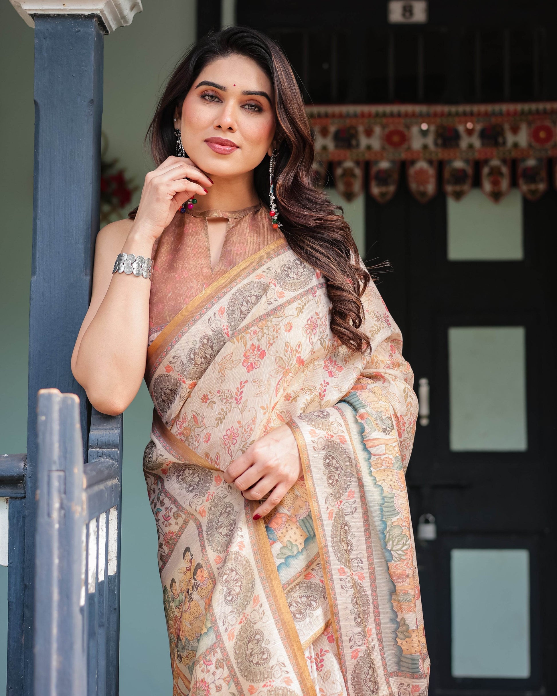 Ivory with Floral Prints Linen Cotton Handloom Printed Saree, Festive Procession Pallu, and Tassels - SEEANS