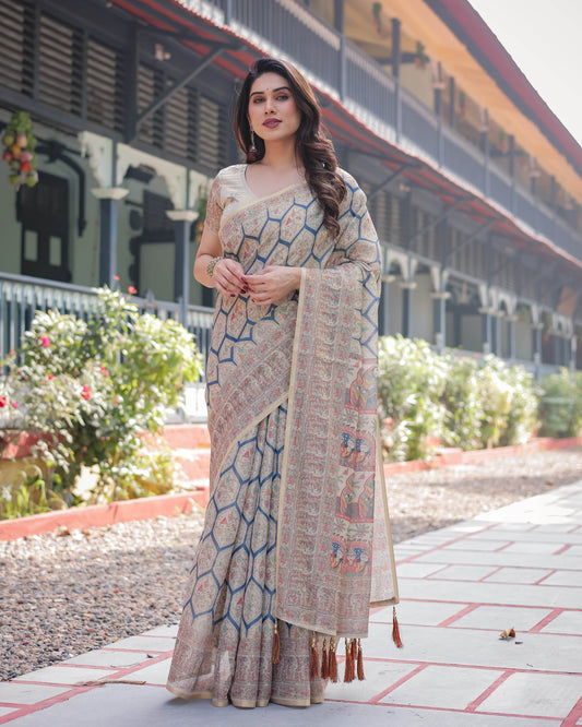 Classic Beige Handloom Cotton-Linen Saree with Madhubani-Inspired Prints and Zari Highlights - SEEANS