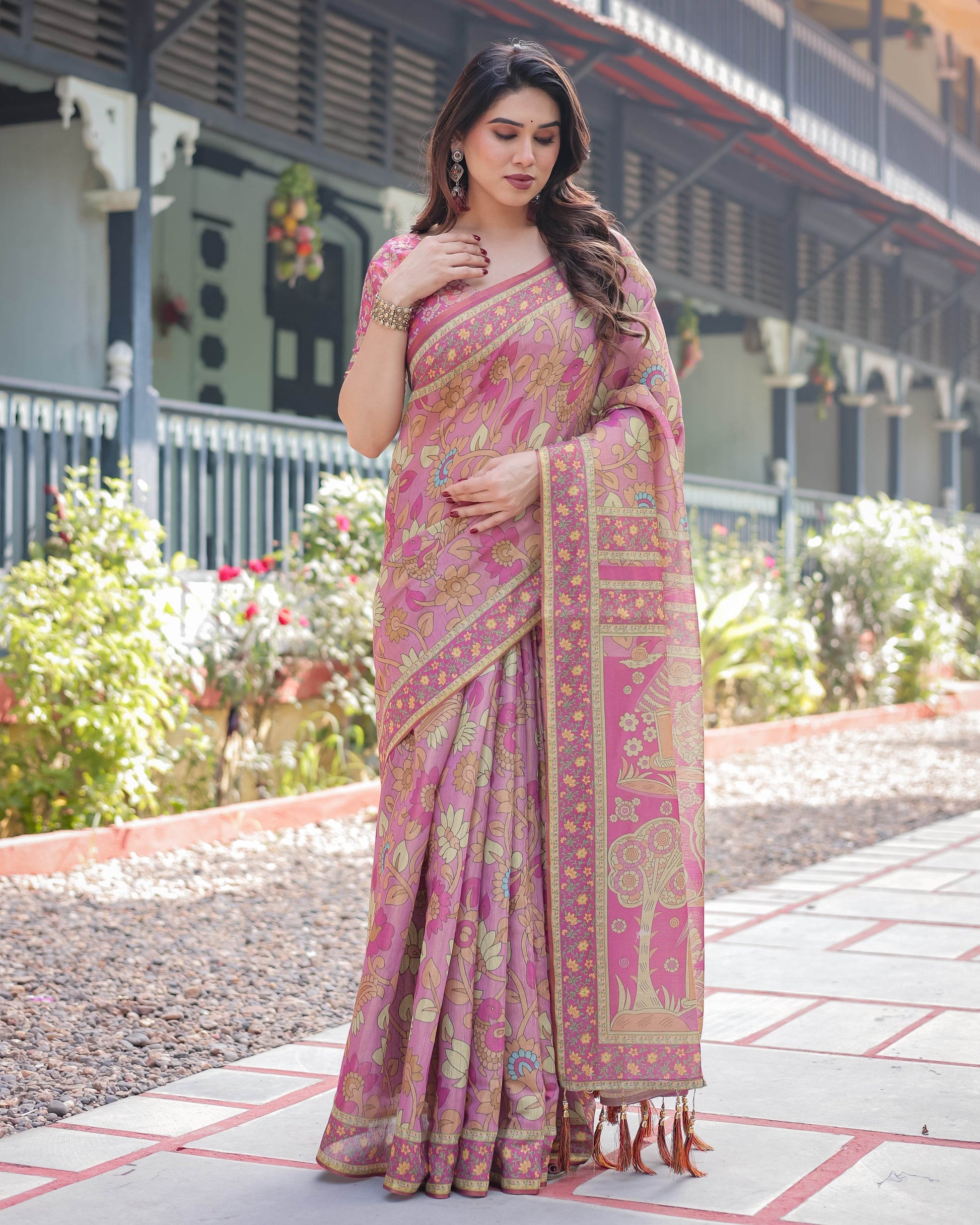 Regal Pink Handloom Cotton-Linen Saree with Floral Motifs, Golden Zari Highlights, and Tassel Detailing - SEEANS