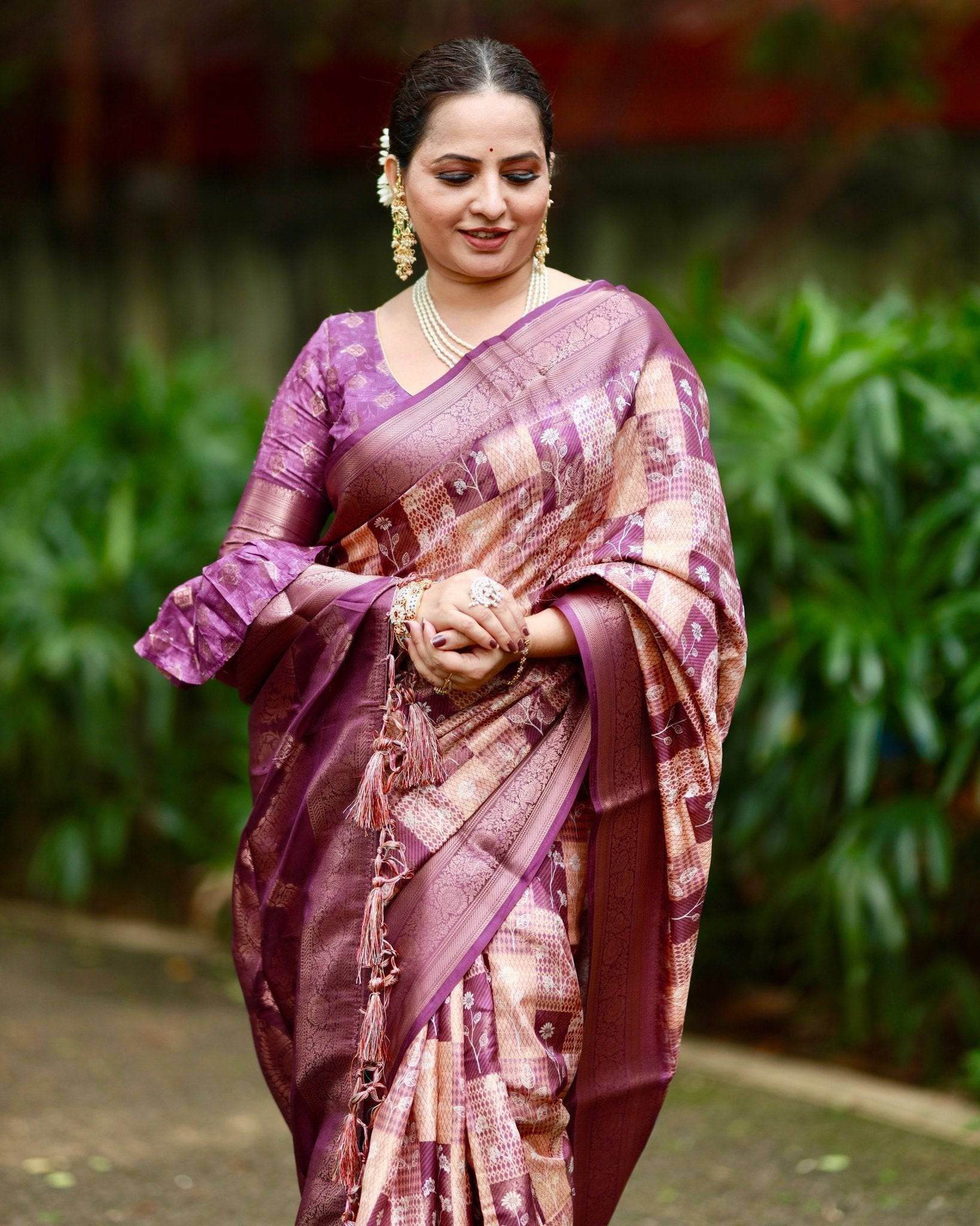 Regal Purple Banarasi Silk Saree with Beige Checkered Design, Zari Border & Pallu - SEEANS