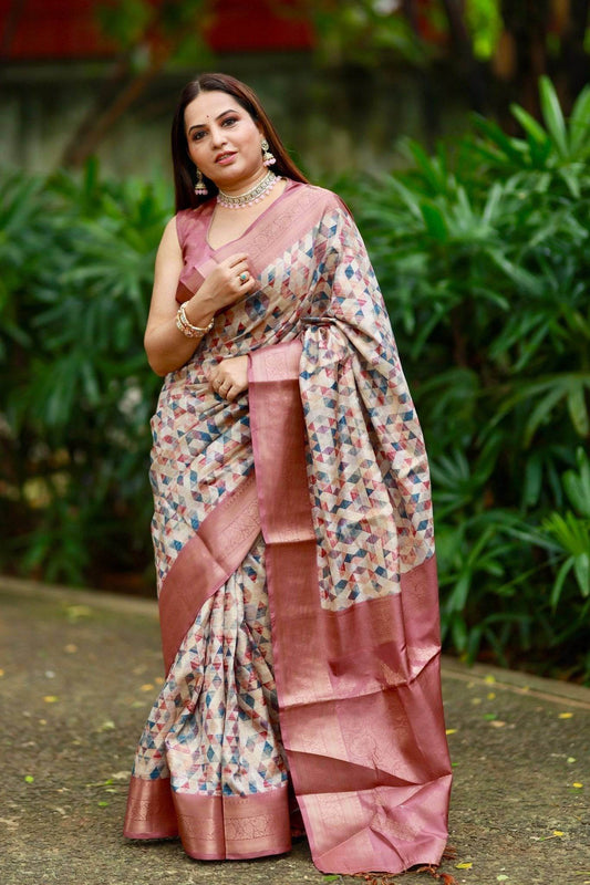 Elegant Banarasi Digital Printed Saree with Rose Gold Zari Border and Tassels - SEEANS