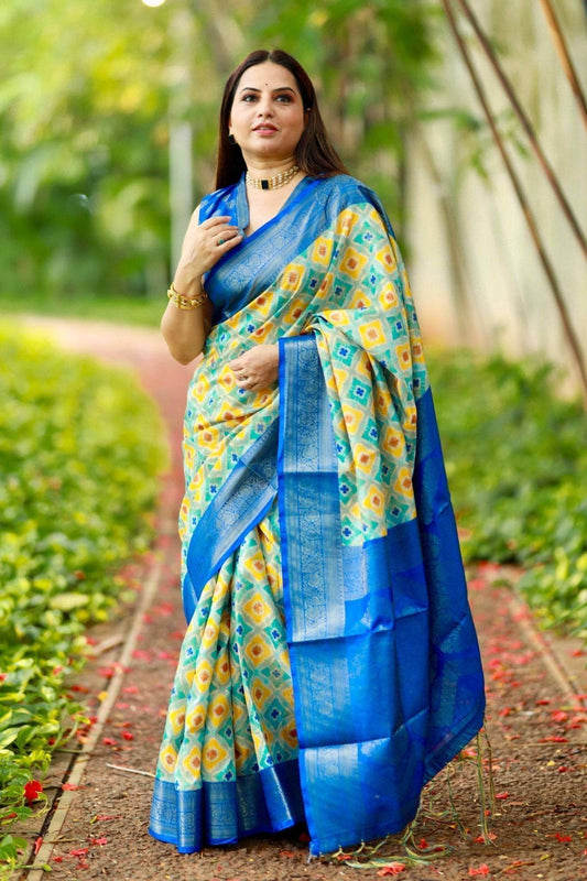 Vibrant Banarasi Digital Printed Saree with Royal Blue Zari Border - SEEANS