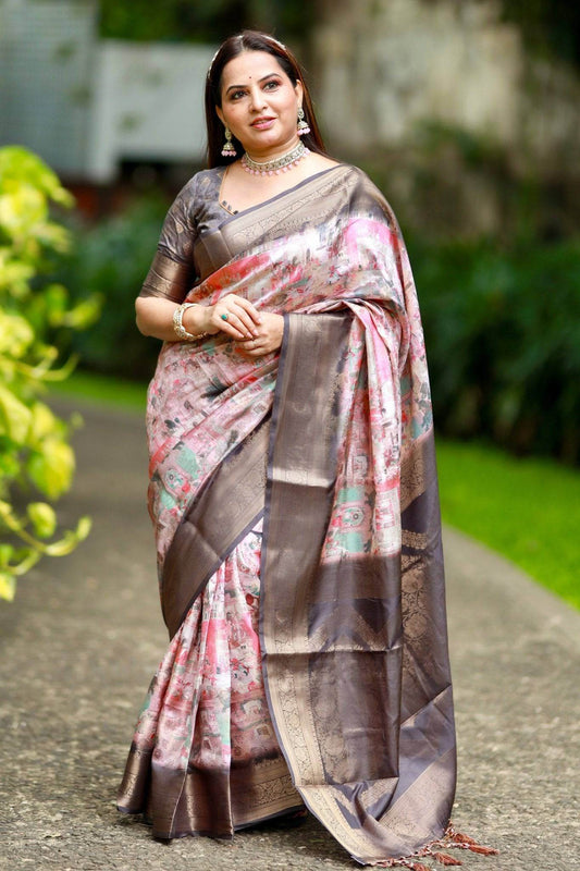 Luxurious Multicolor Geometric Silk Saree with Rose Gold Zari Border - SEEANS