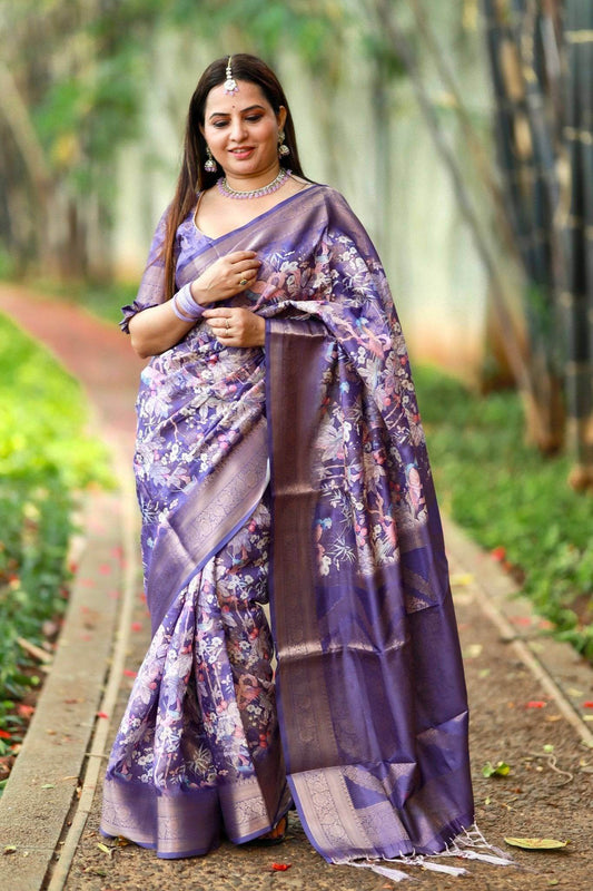 Regal Purple Banarasi Silk Saree with Floral Motifs and Elegant Tassels - SEEANS
