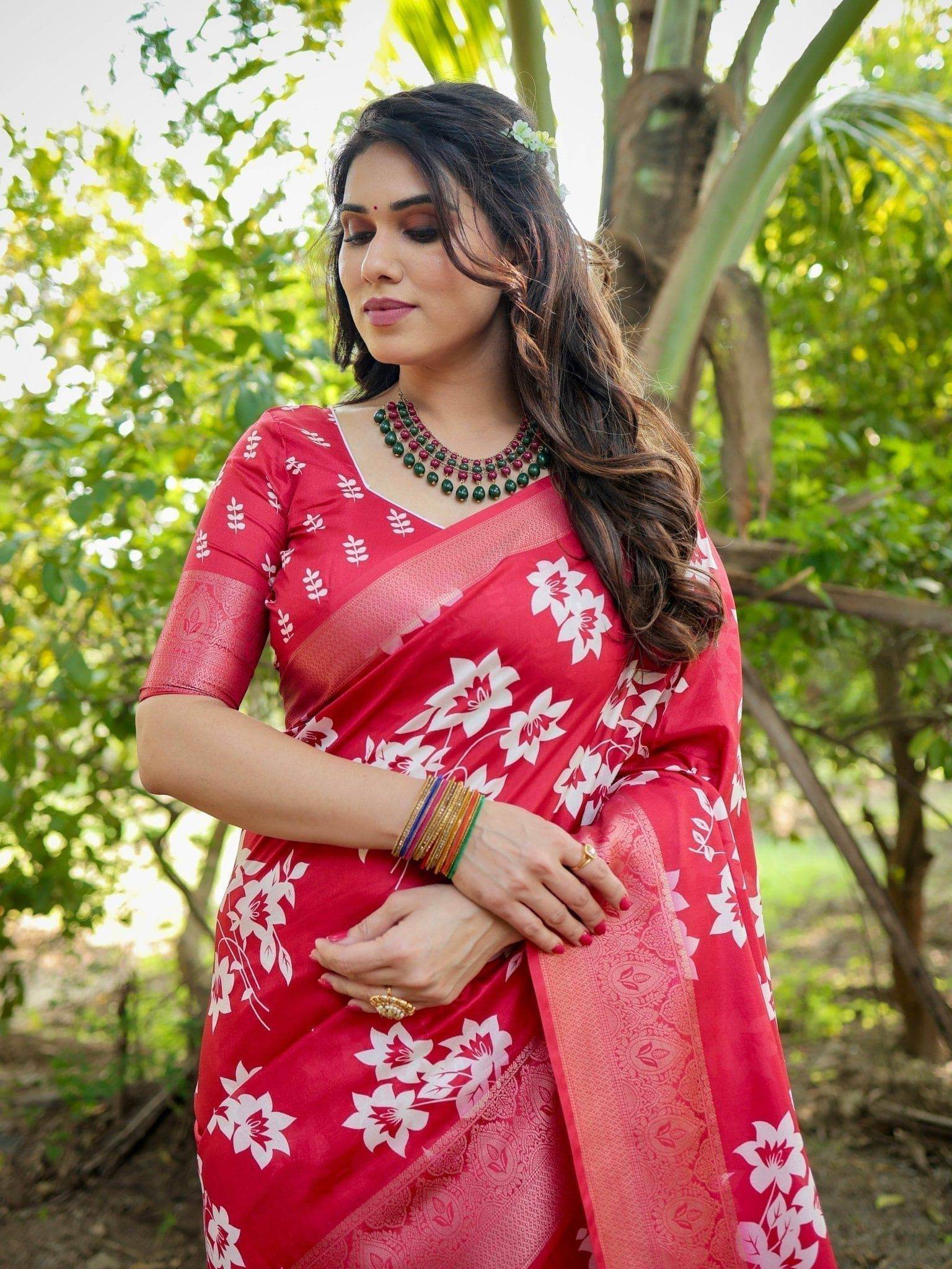 Graceful Red Tussar Silk Saree with White Floral Design and Zari Border - SEEANS