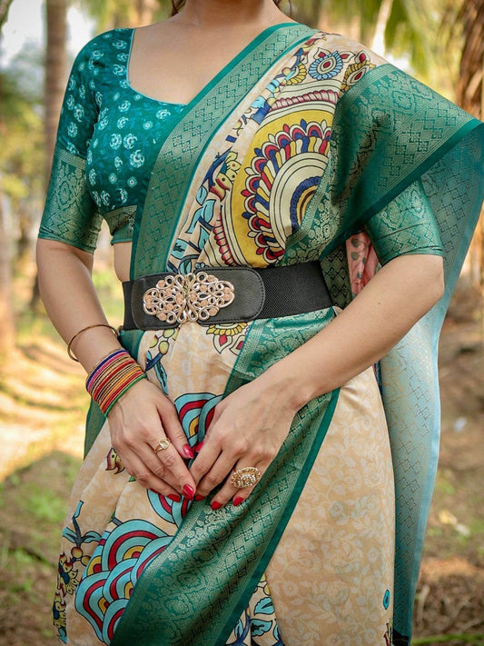 Elegant Tussar Silk Saree in Beige and Coral with Madhubani Pallu and Zari Accents - SEEANS