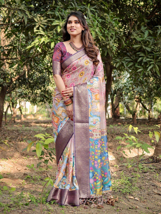 Pastel Beige Tussar Silk Saree with Vibrant Floral Motifs and Zari Border - SEEANS