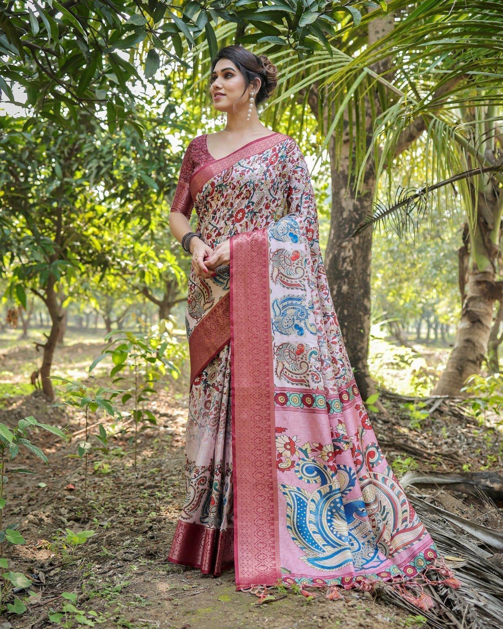Blush Pink Digital Print Tussar Silk Saree with Zari Border and Peacock Motif Pallu - SEEANS