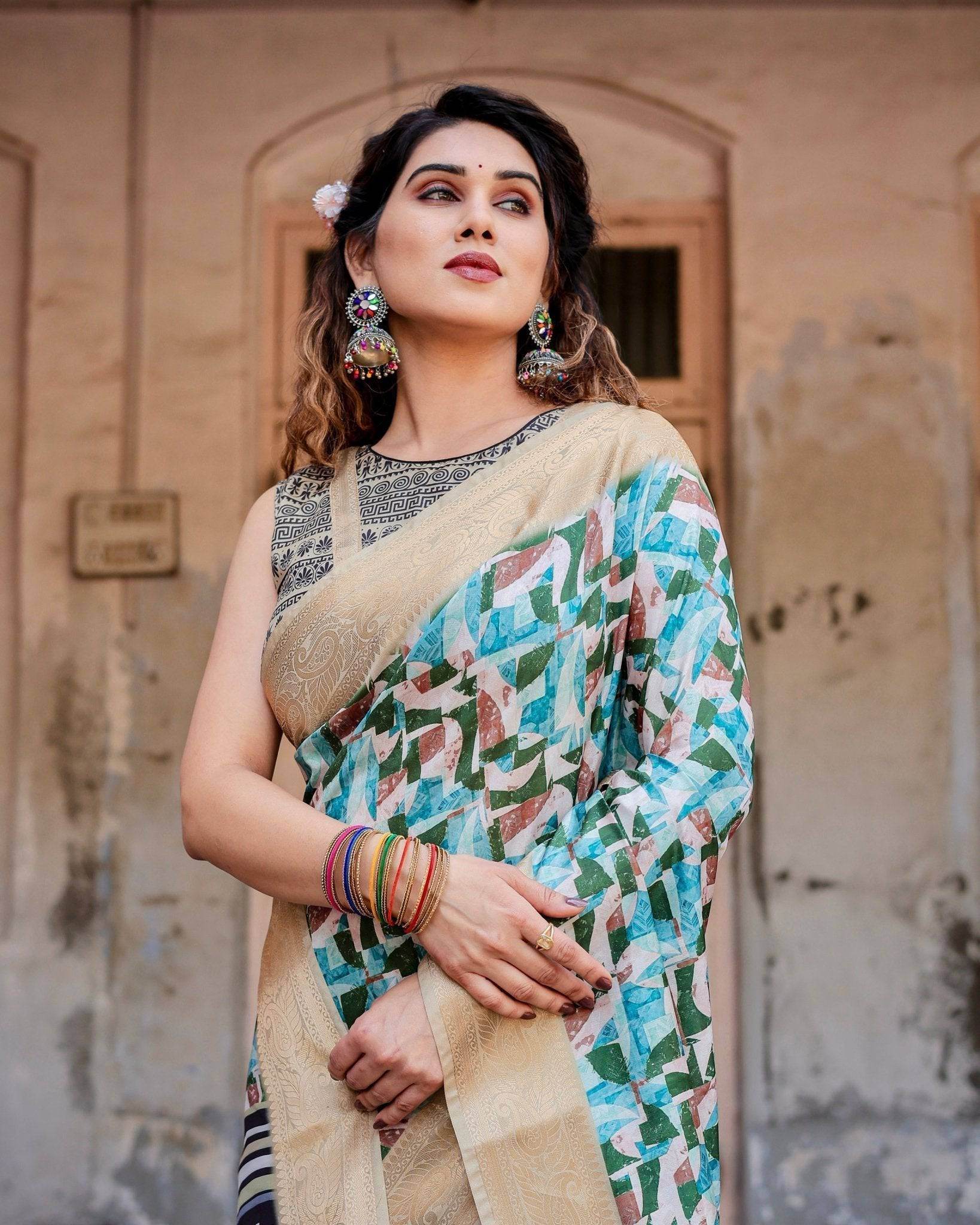 Contemporary Abstract Print Saree with Gold Border and Monochrome Patterned Pallu - SEEANS