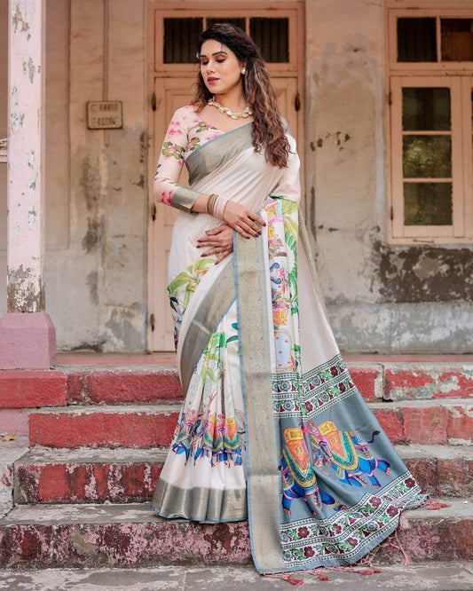Ivory Tussar Silk Saree with Handcrafted Elephant Motif Pallu and Golden Zari Border - SEEANS