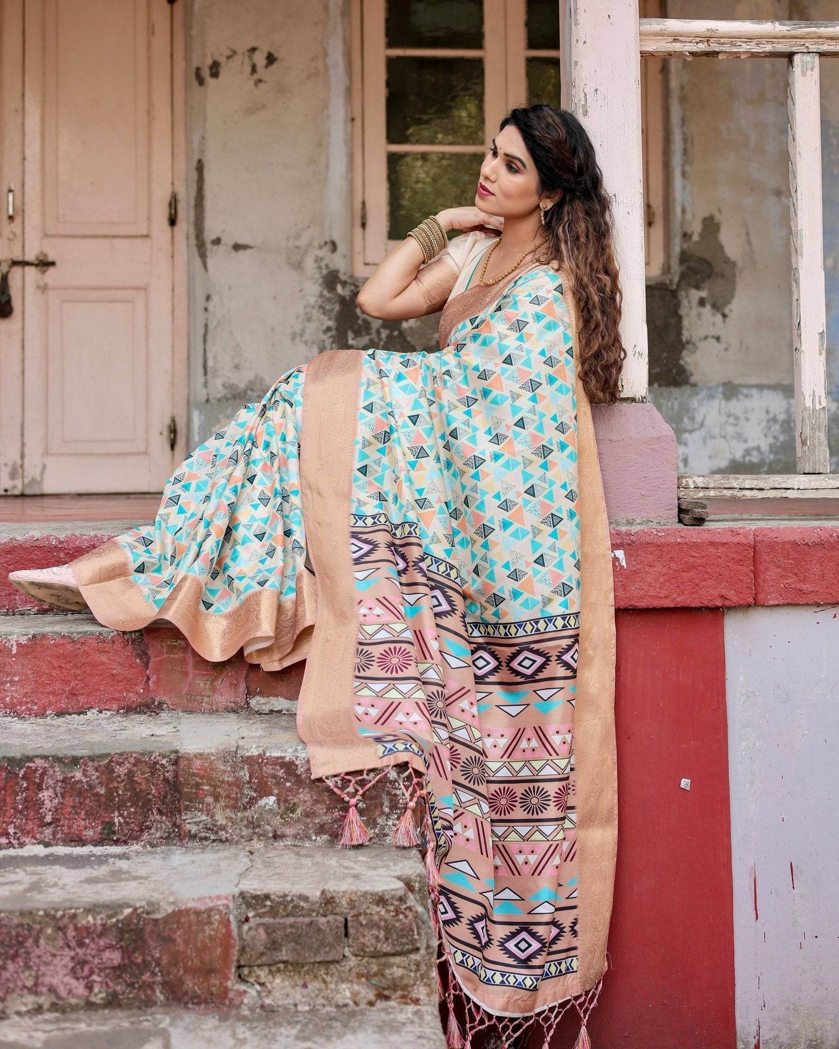 Contemporary Beige Tussar Silk Saree with Geometric Triangle Print and Golden Zari Border - SEEANS