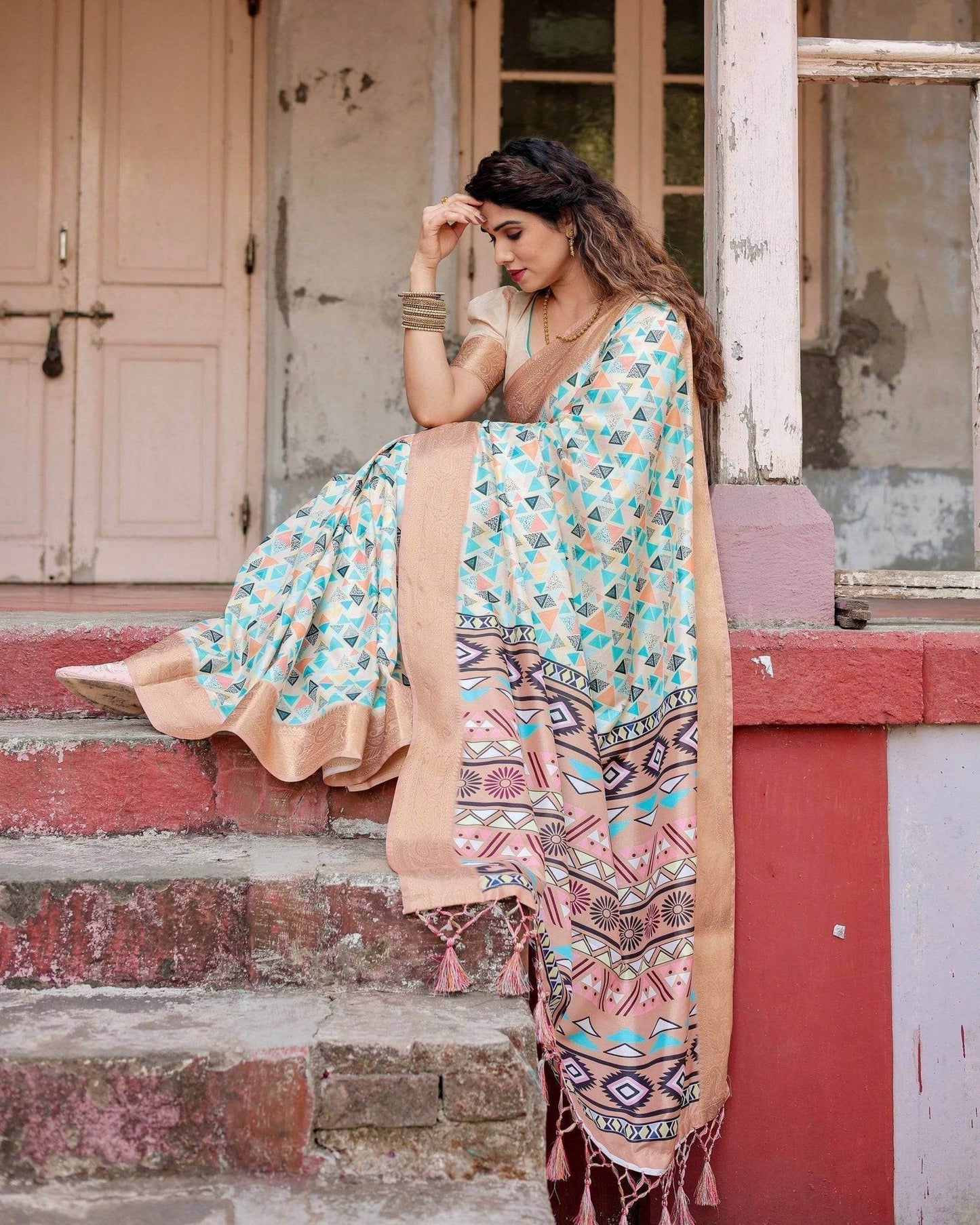 Contemporary Beige Tussar Silk Saree with Geometric Triangle Print and Golden Zari Border - SEEANS