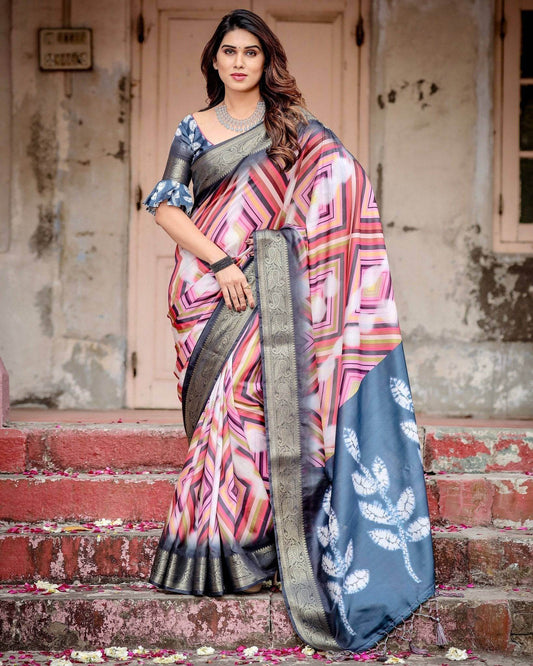 Geometric Multicolor Tussar Silk Saree with Charcoal Gray Zari Border and Abstract Pallu - SEEANS